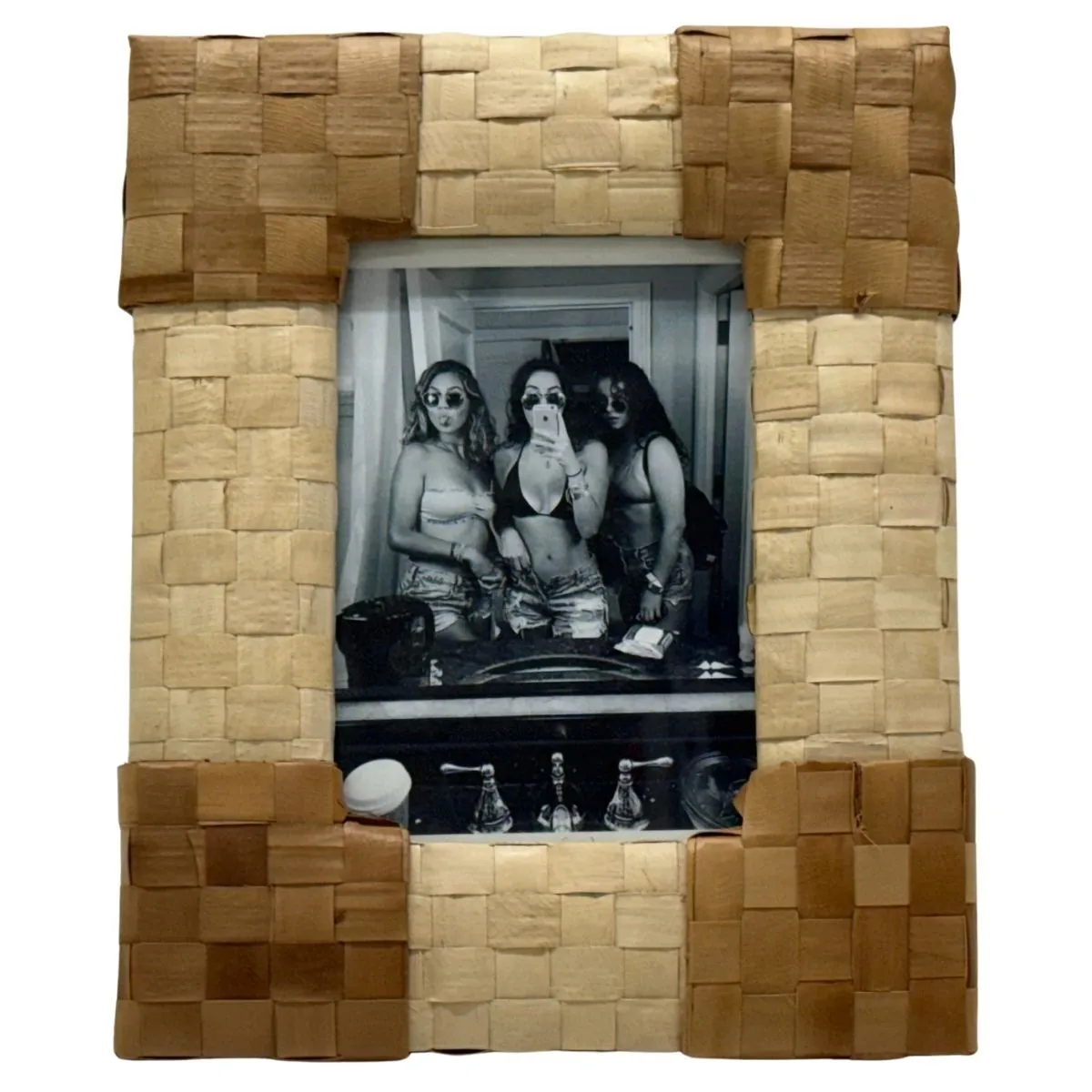 Woven Natural Grass Tabletop Frame With Friends In Mirror Photograph