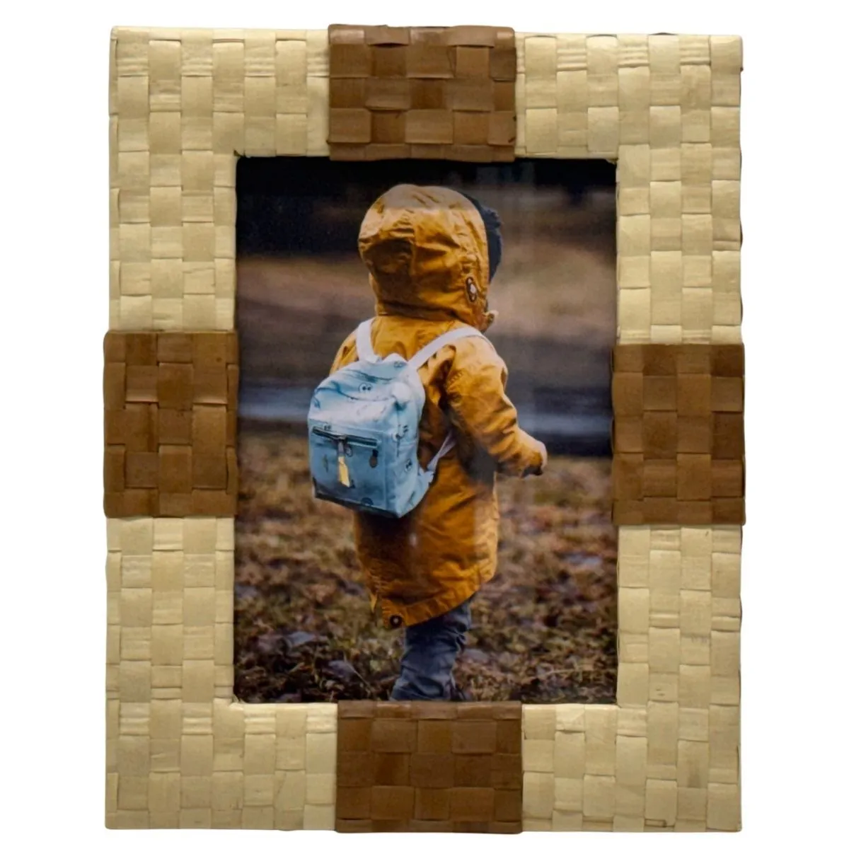 Woven Natural Grass Tabletop Frame With Child With Backpack Photograph