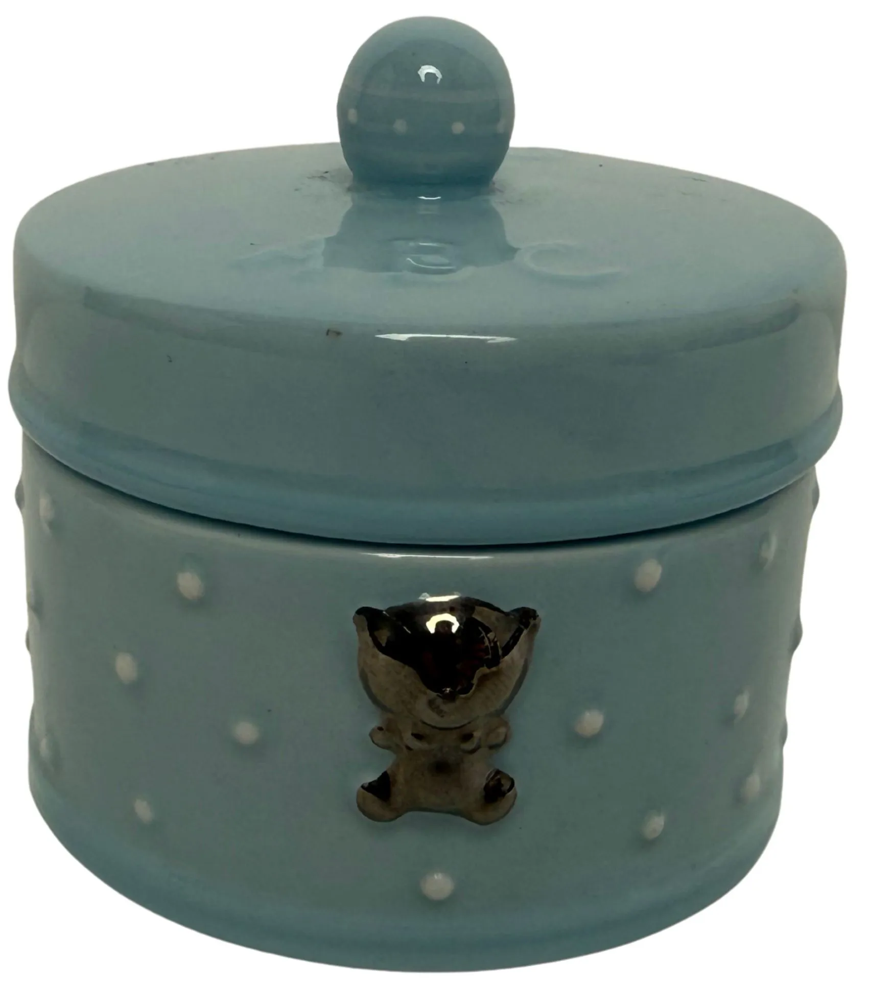 Blue & White Polka Dot Ceramic Trinket Box With Teddy Bear Emblem