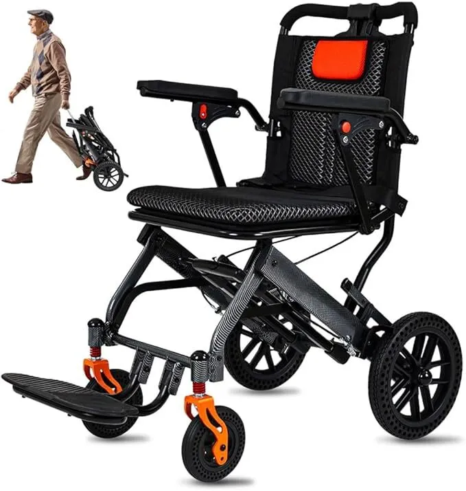 Lightweight Foldable Transport Wheelchair - Carbon Fiber Coating