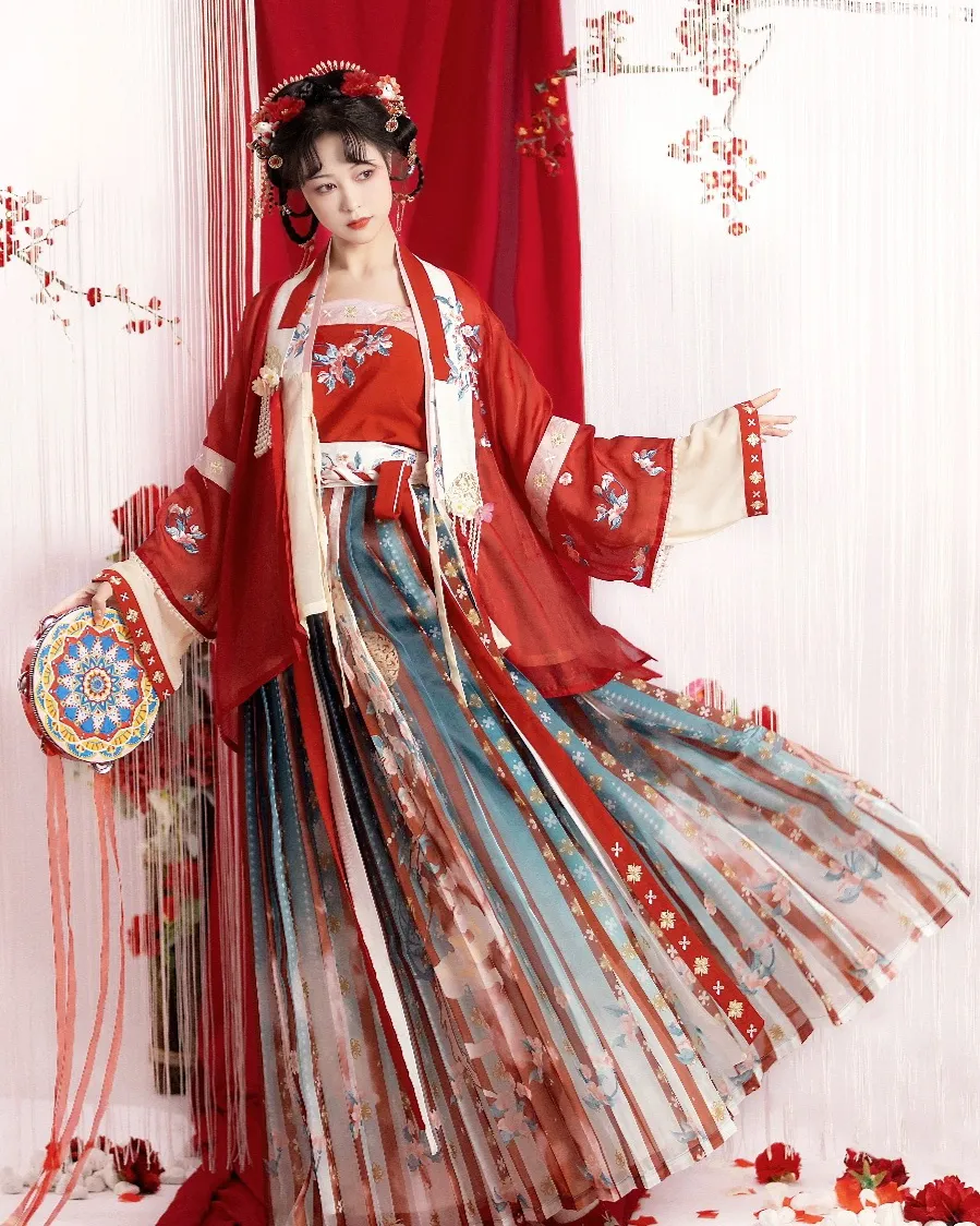 Embroidered red pleated skirt set  绣花红半袖百褶裙套装