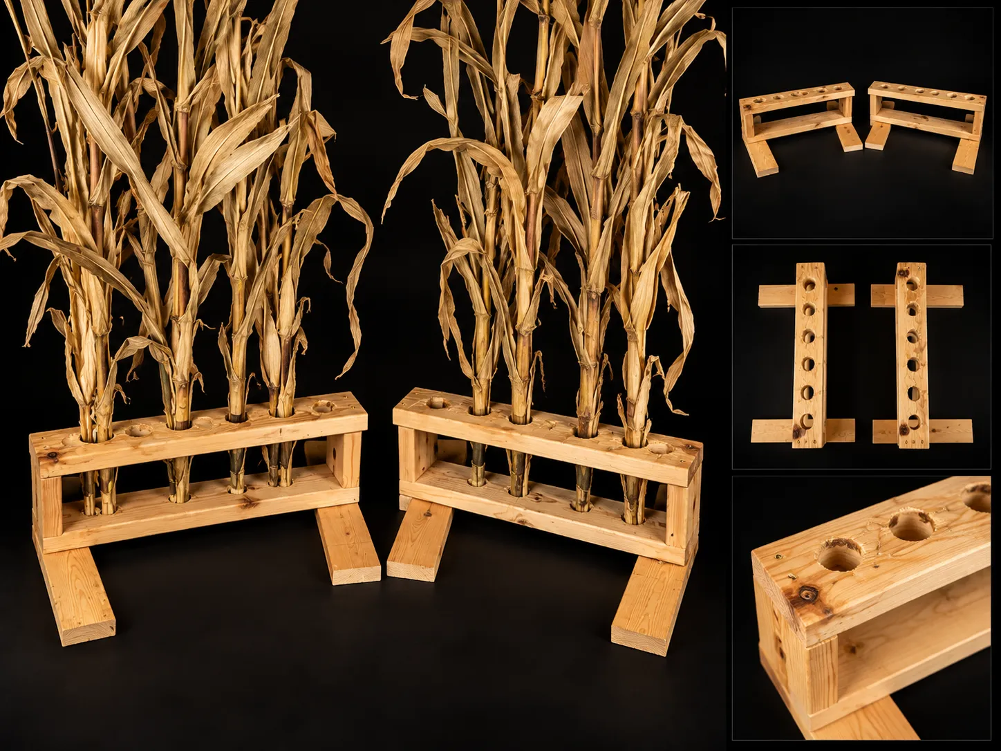 Rustic Cornstalk & Flower Holder Set – 2-Piece Wooden Display