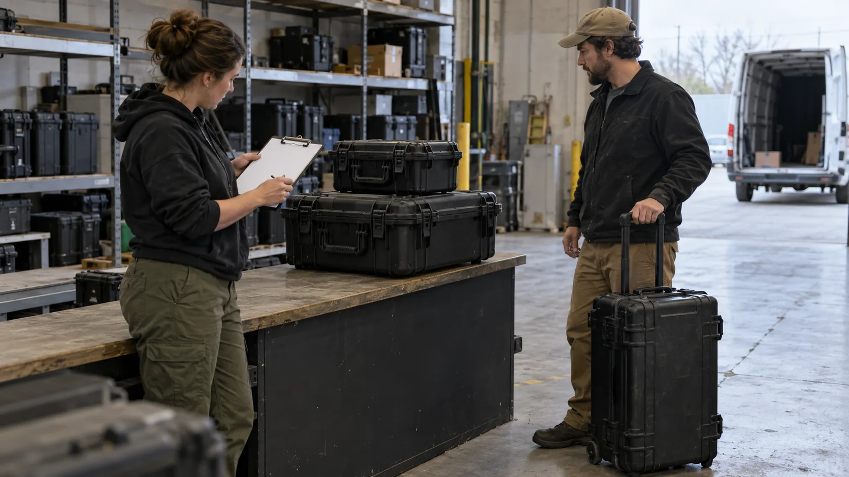 Crew members checking closed production cases during an equipment handoff