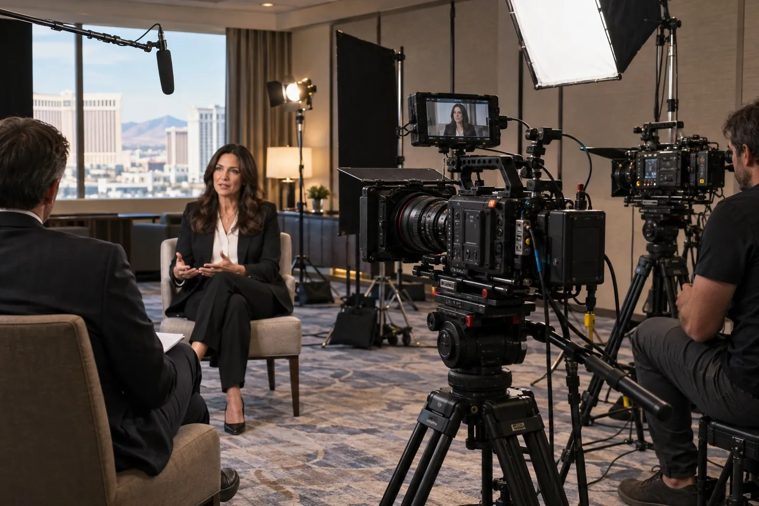 Two-camera corporate interview setup with professional lighting and audio in a Las Vegas hotel