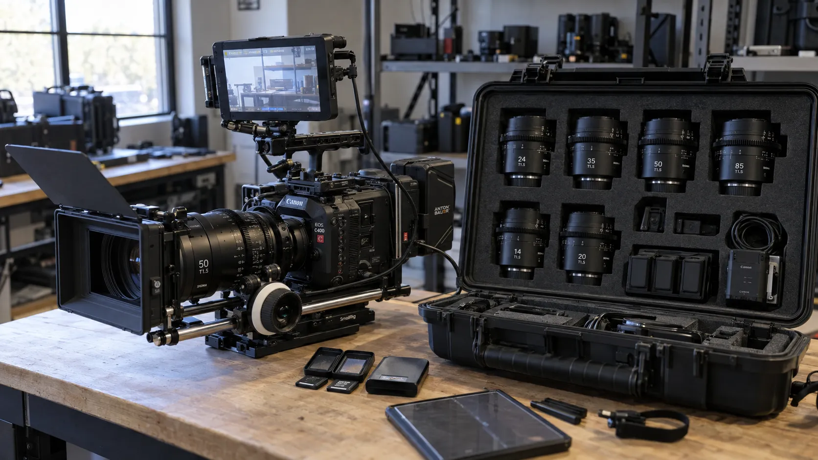 Canon C400 cinema camera package with lenses and production accessories in a Las Vegas rental shop