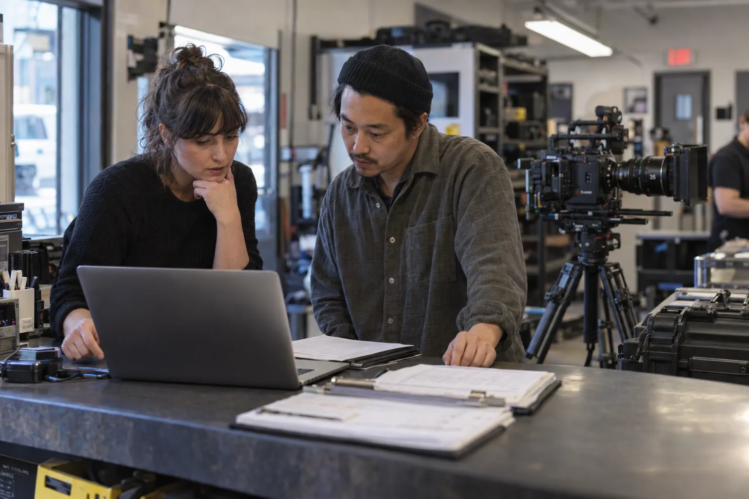 Production team reviewing insurance and rental paperwork beside a Canon cinema camera in a Las Vegas equipment shop