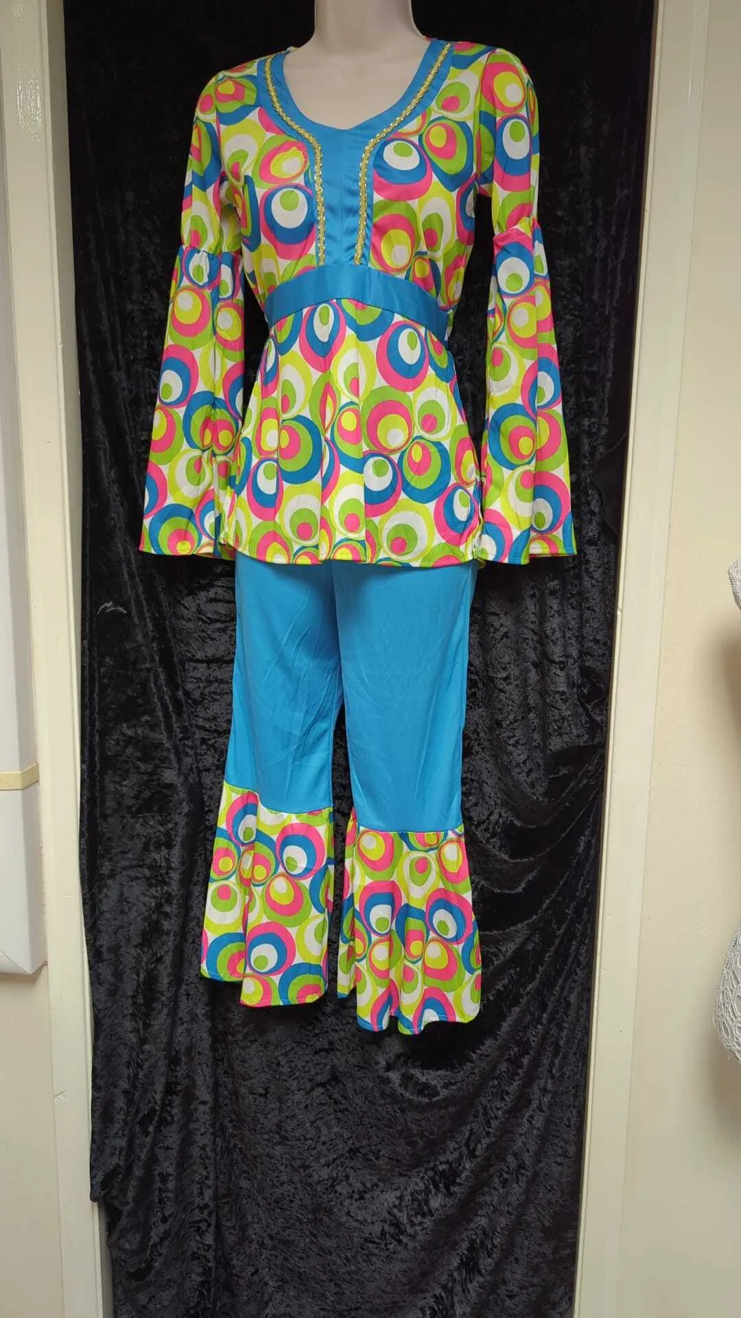 Blue & Psychedelic Long Sleeve Top & Flared Trousers - 60's style