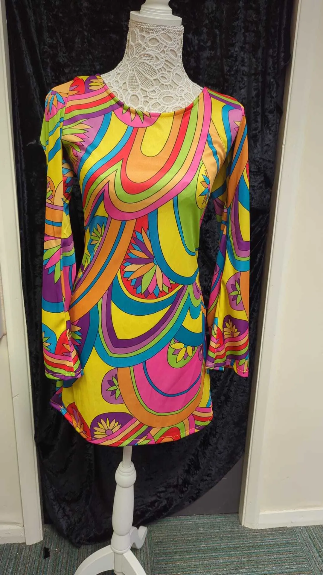 Multi Coloured Long Sleeved Dress - 60s Style 