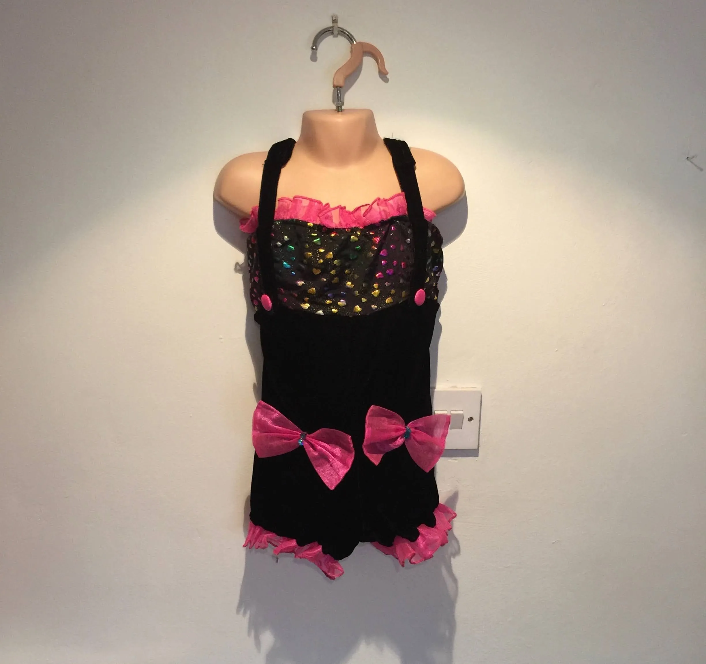 Black velour IDS playsuit with love hearts and pink bows