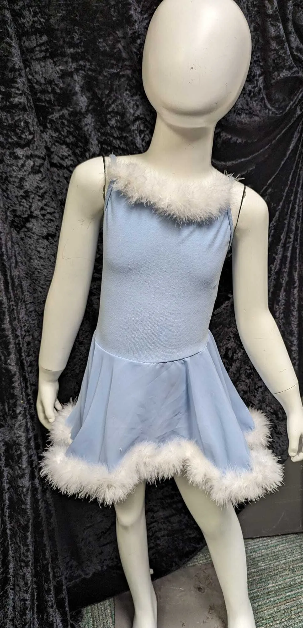 Blue Leotard with attached chiffon skirt and white marabou