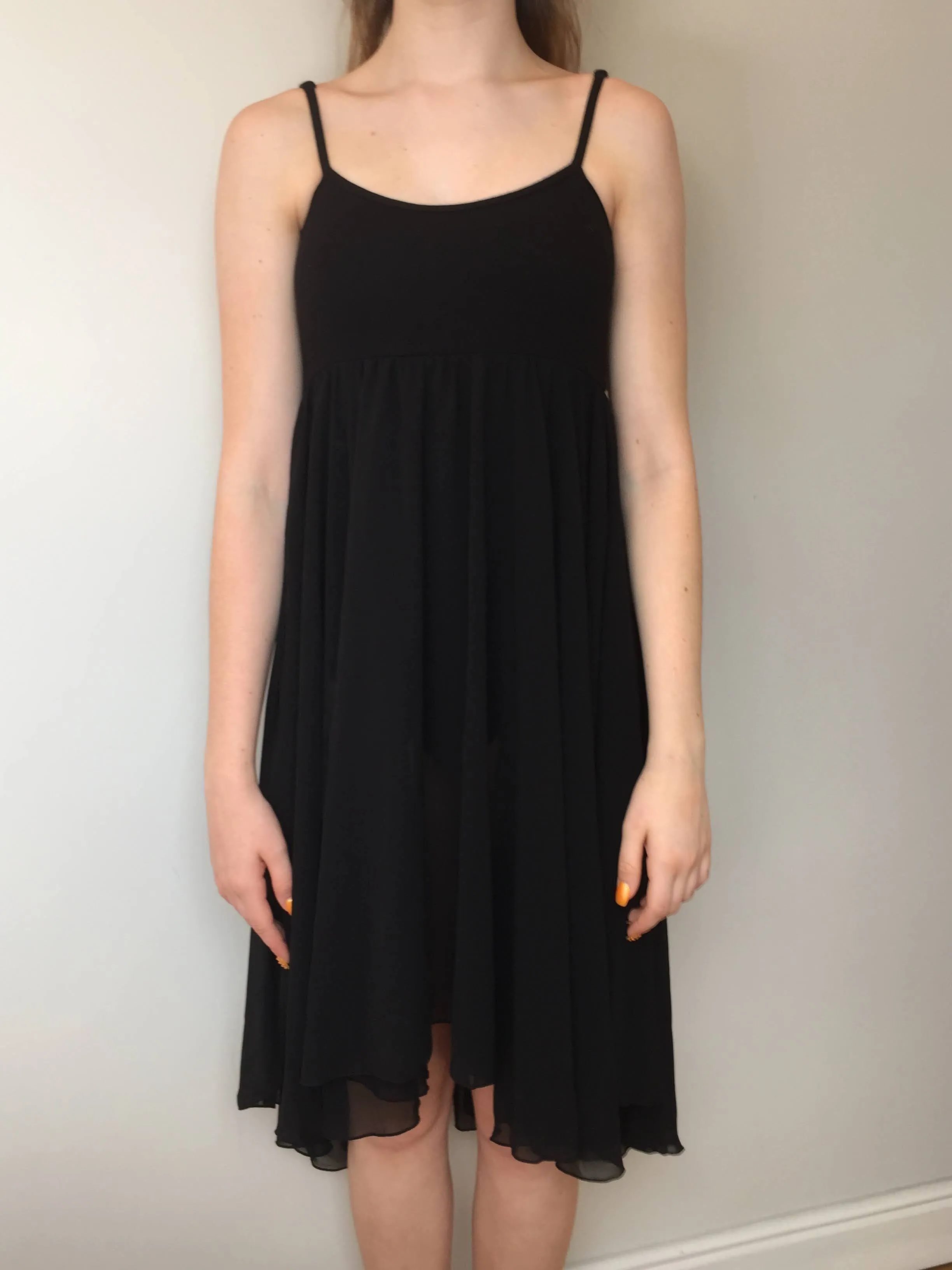 Black leotard with chiffon skirt