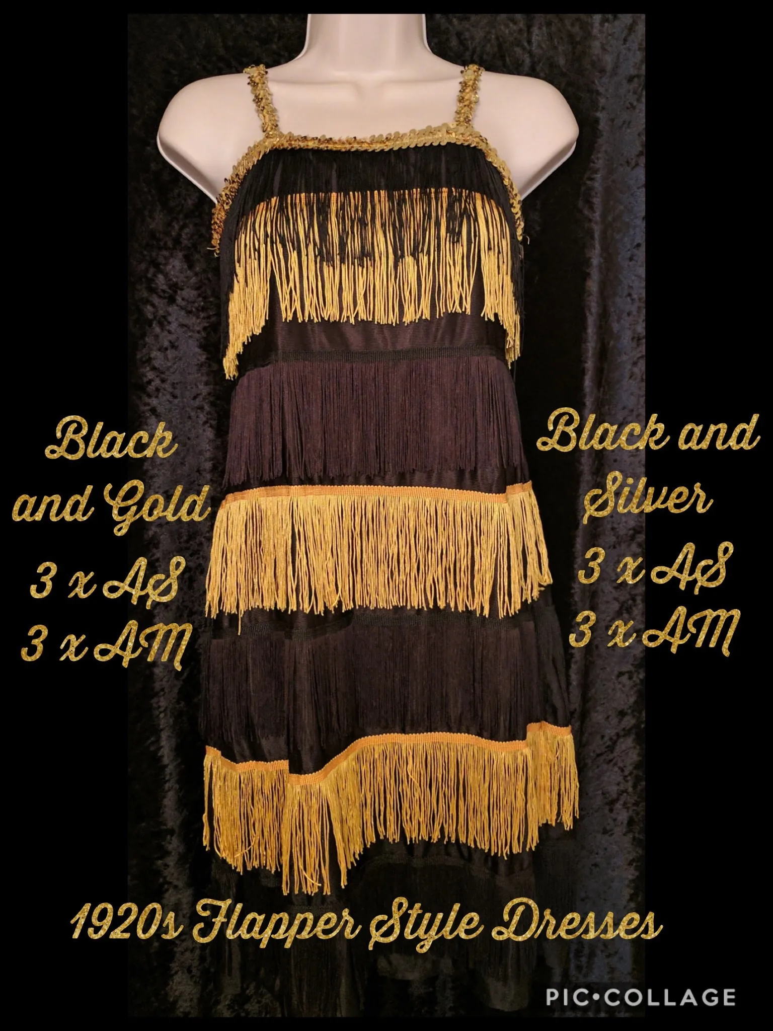 Black and gold - Black and white 1920s flapper style dresses with sequin trim and shoulder straps