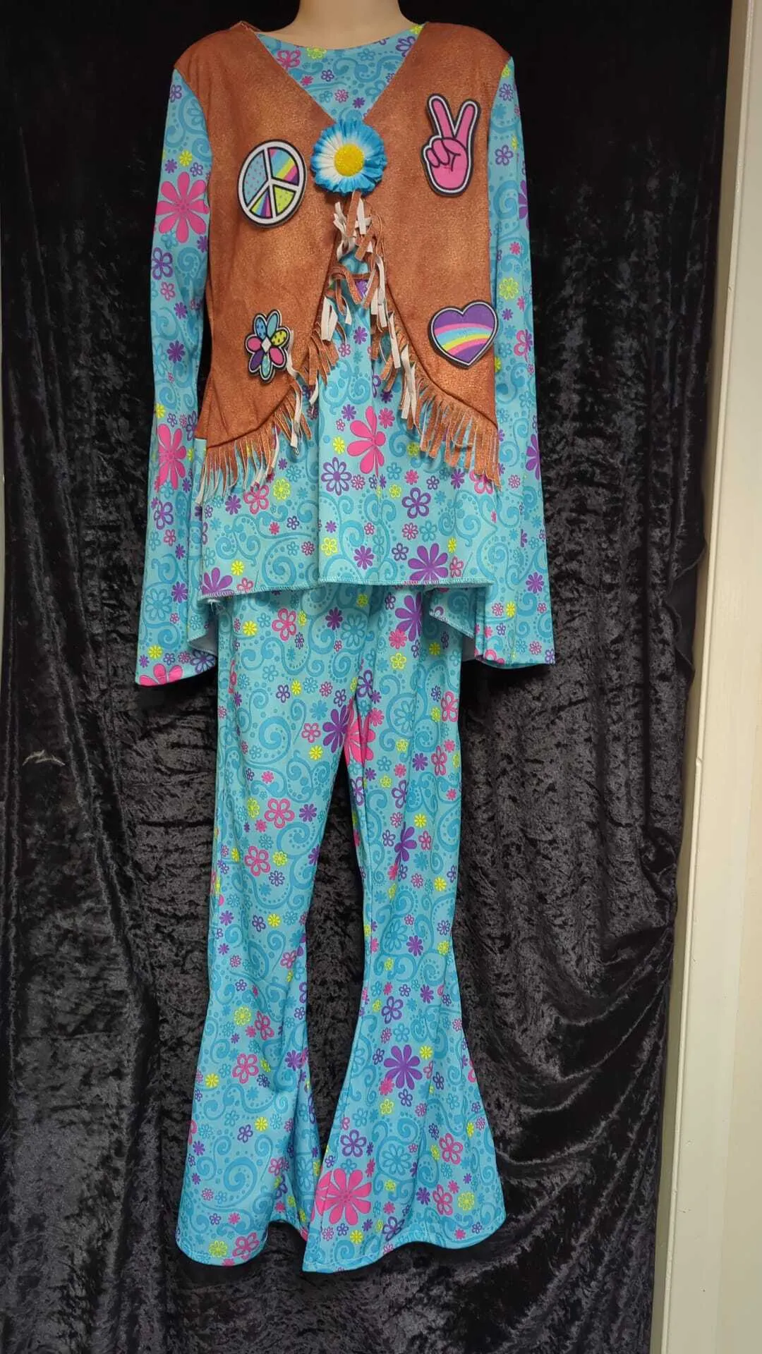 Blue Flower Long Sleeve Top, Flared Trousers & Waistcoat - 60s Style 