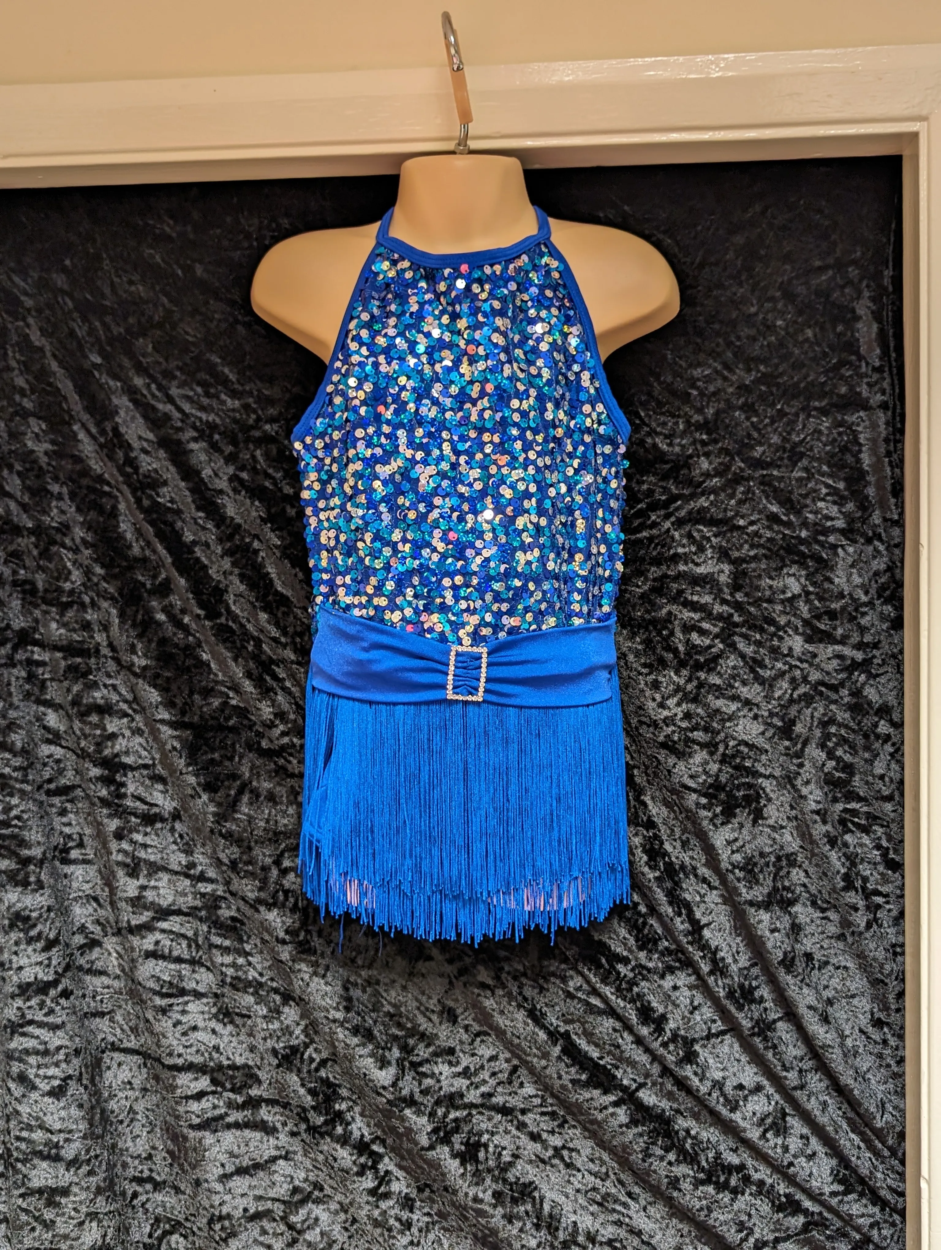 Blue sparkle dress with tassel skirt and attached belt