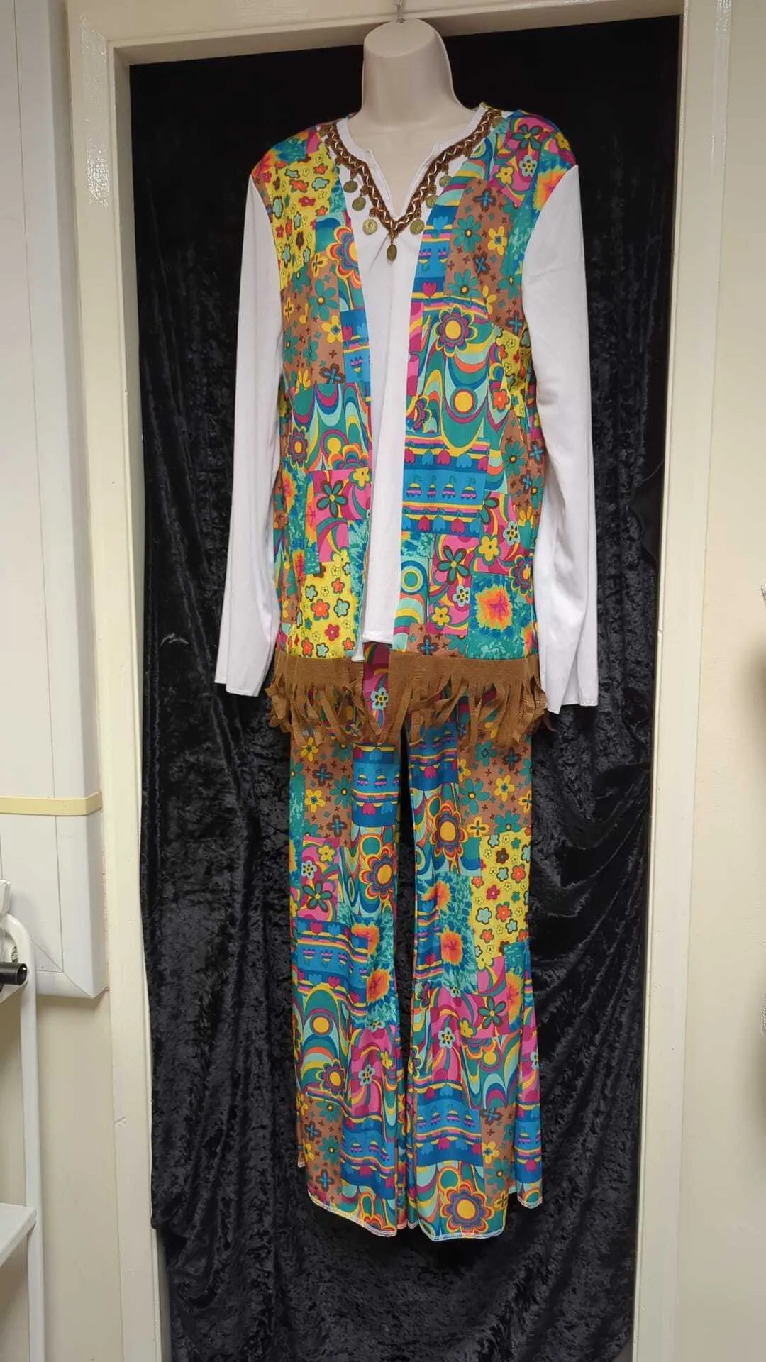 White Top & Multicoloured Tassel Waistcoat & Flared Trousers - 60's style
