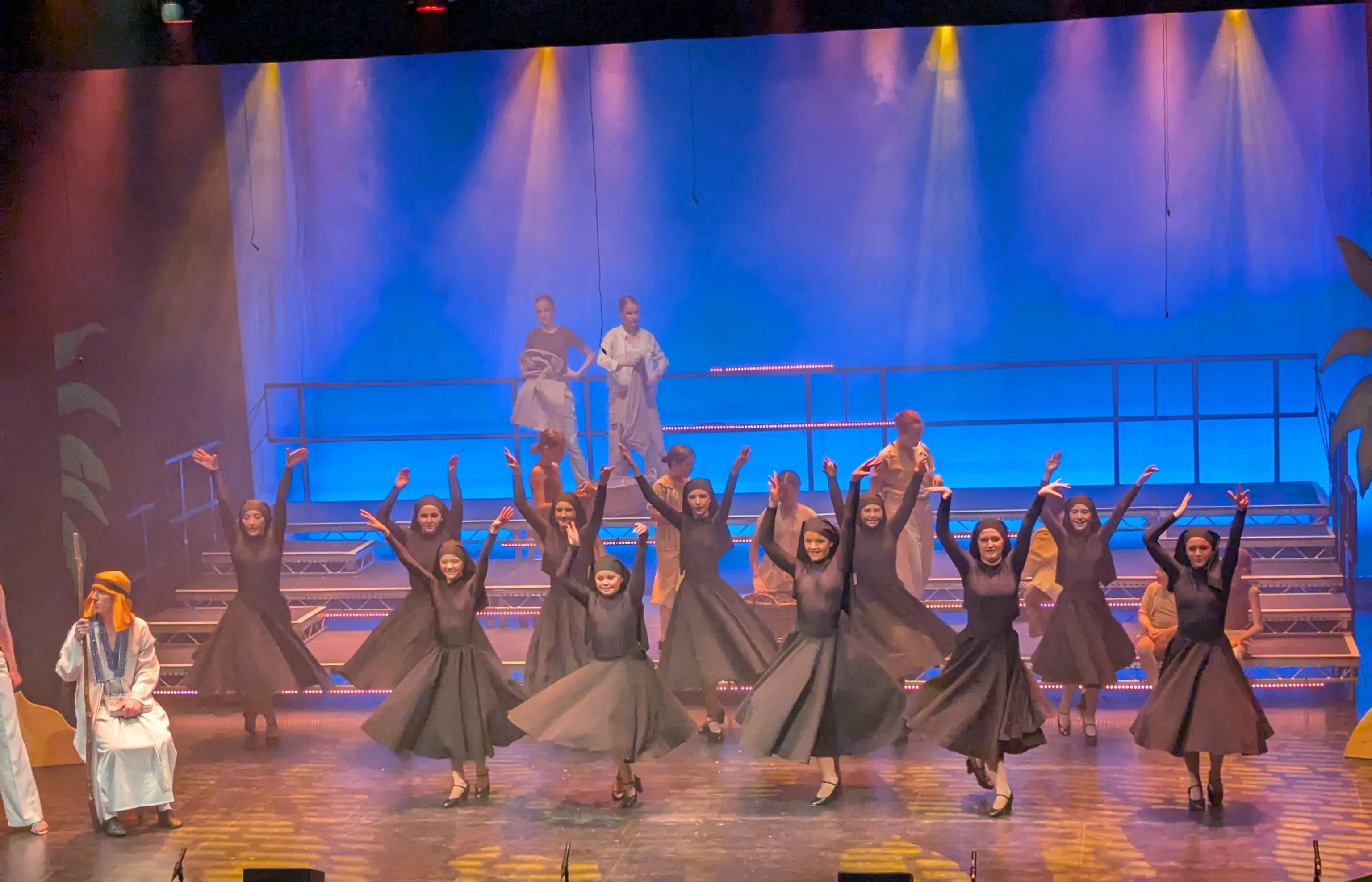 Joseph wives - black long sleeved, high necked leotard, black circular skirt and headdress