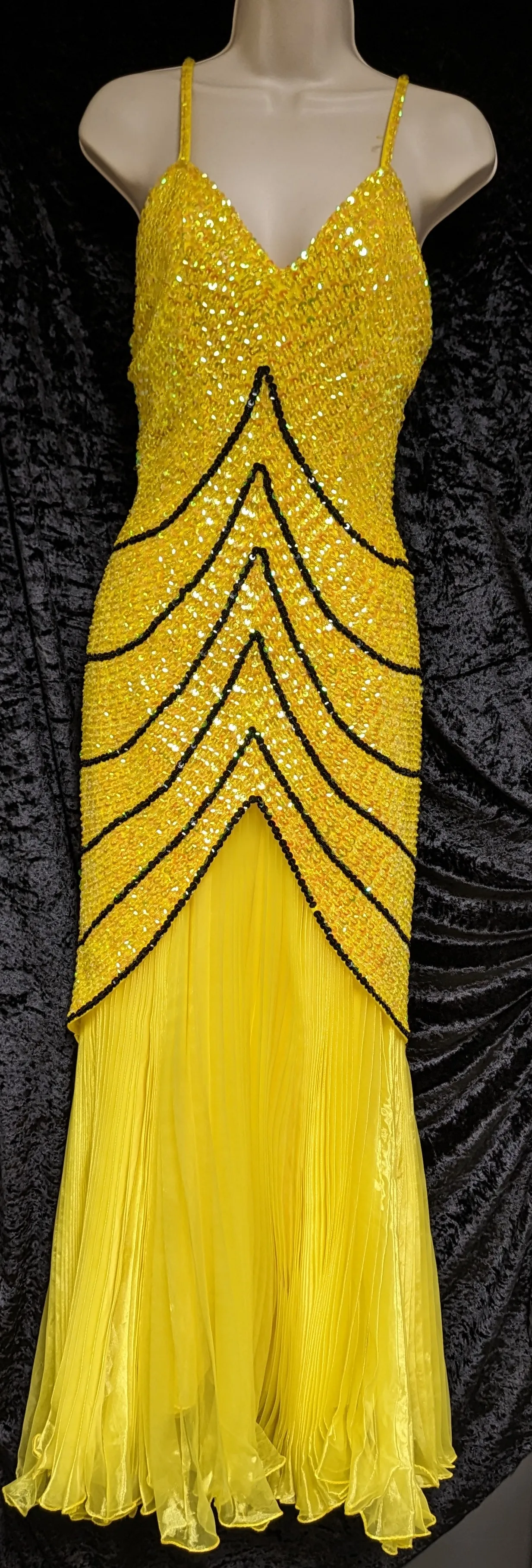 Yellow and black sequin and beaded fish tail style dress