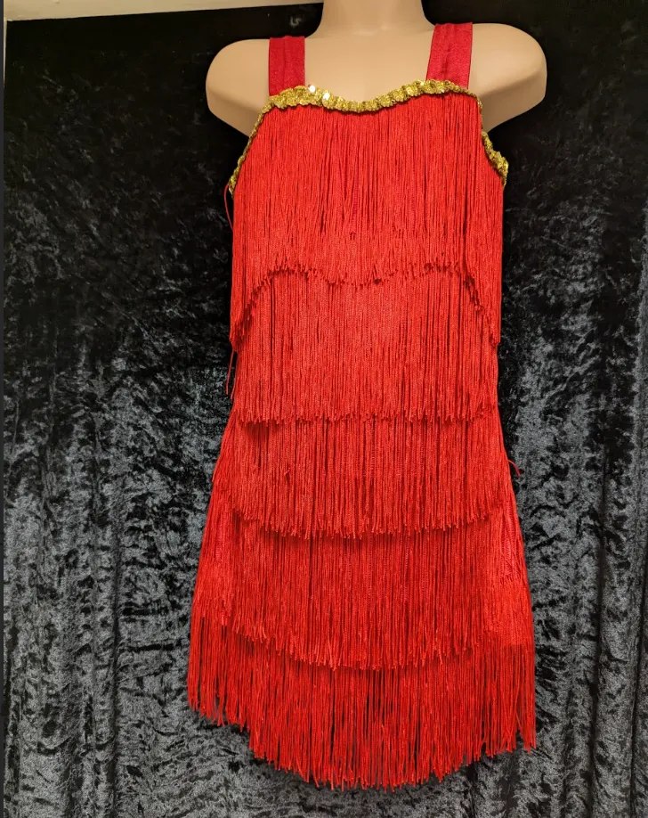 Red child's flapper dress with gold trim around neckline