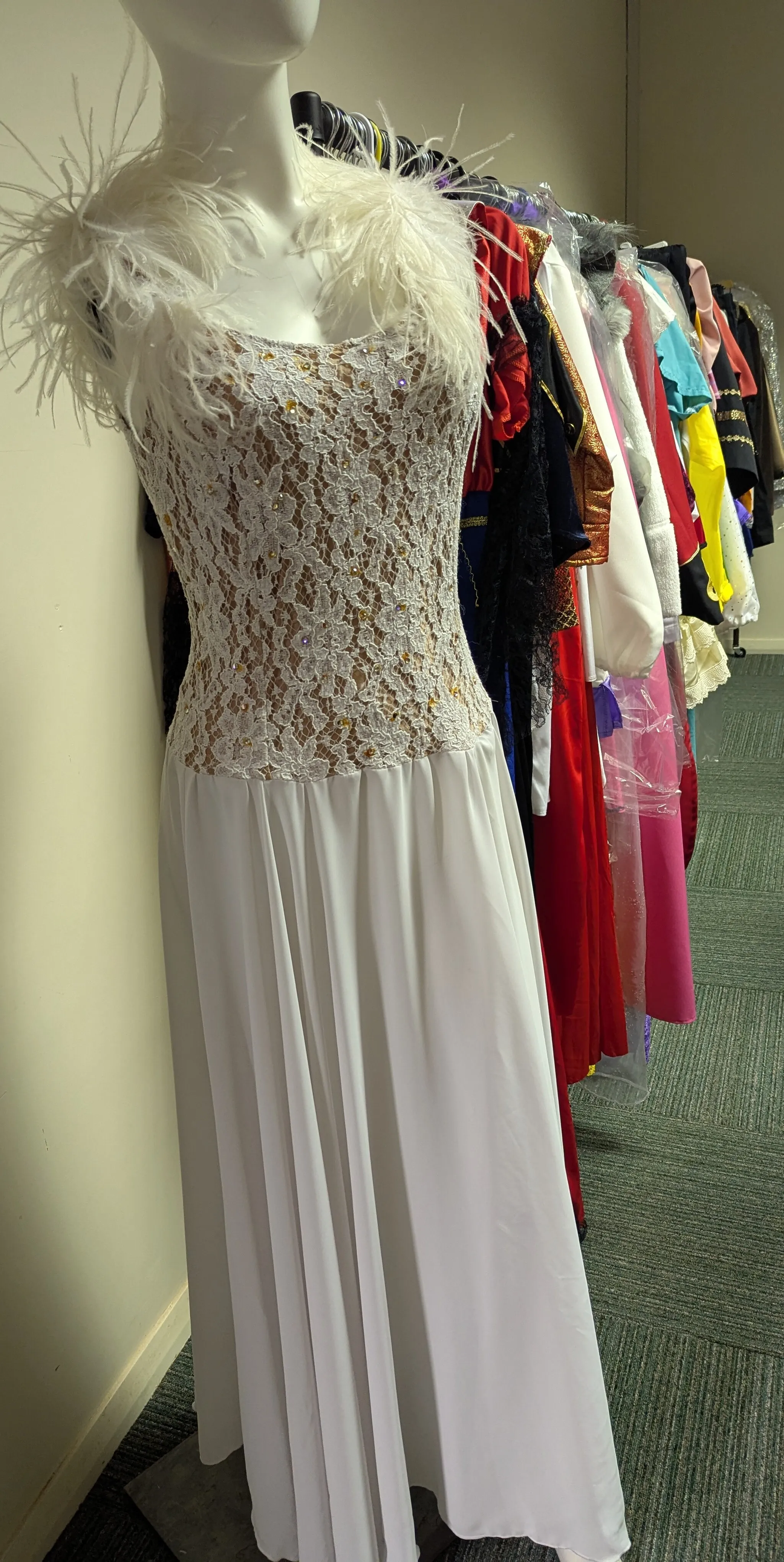 White chiffon & lace dress with feather straps