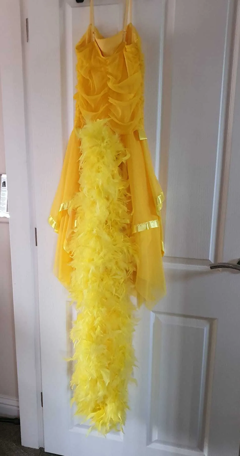 Yellow ruffle dress with attachable long and short feather bower for Gurtrude McFuzz from Seussical the Musical