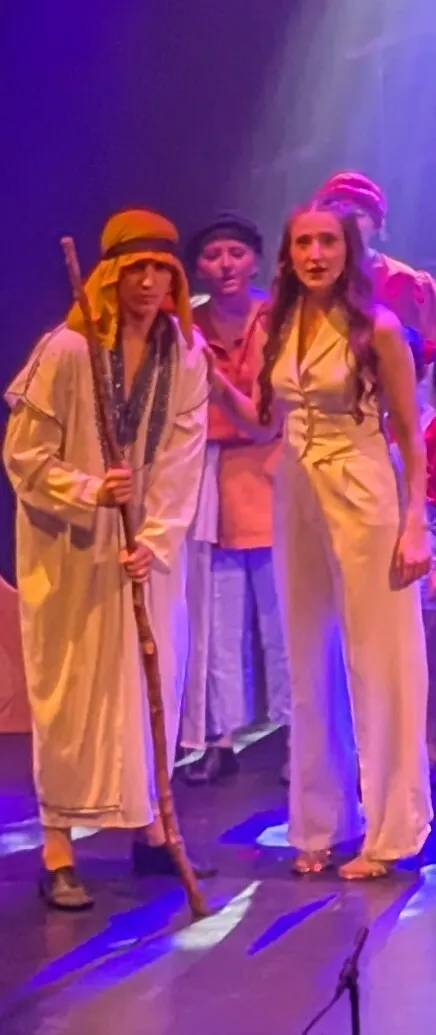 Jacob - Long white tunic with blue embellishment, long waistcoat with blue embellishment, headdress