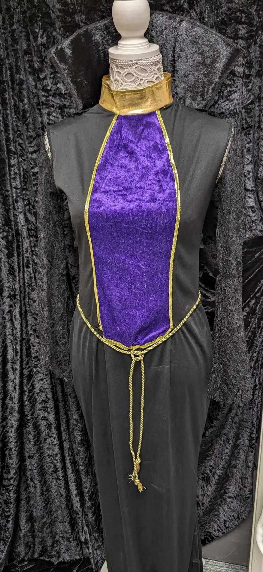 Black queen dress with purple panel and gold trim