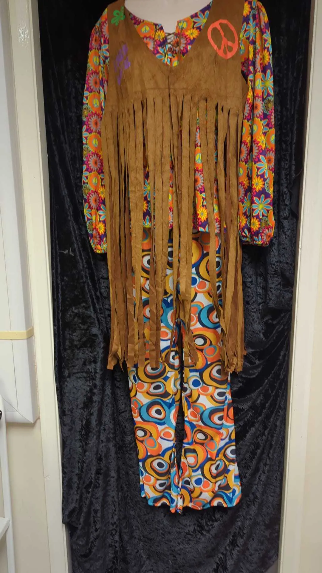 Psychedelic Long Sleeve Top, Flared Trousers & Tassel Waistcoat - 60s Style 
