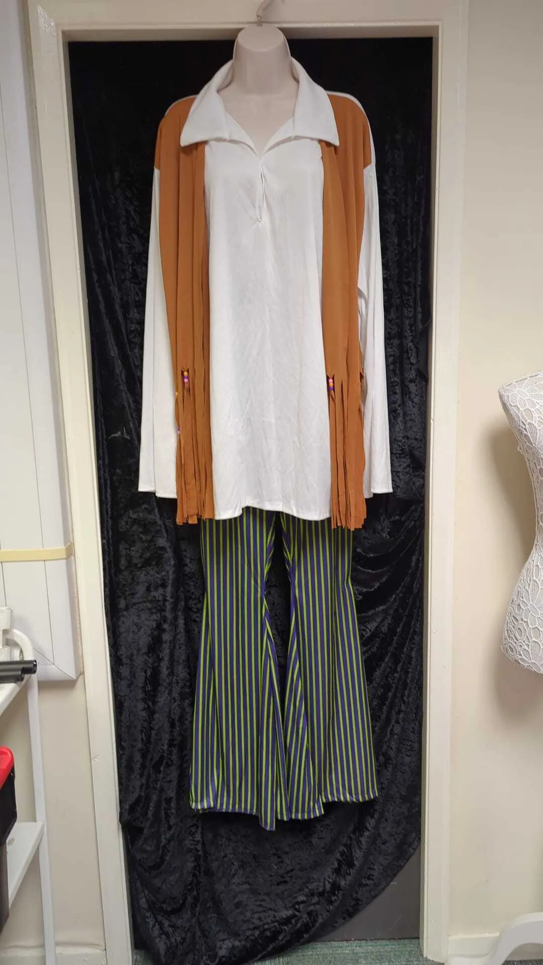 White Top, Tassel Waistcoat & Flared Striped Trousers - 60's style
