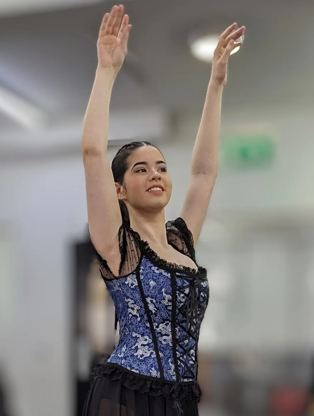 Blue and black adjustable basques with lace shoulders, and a zip