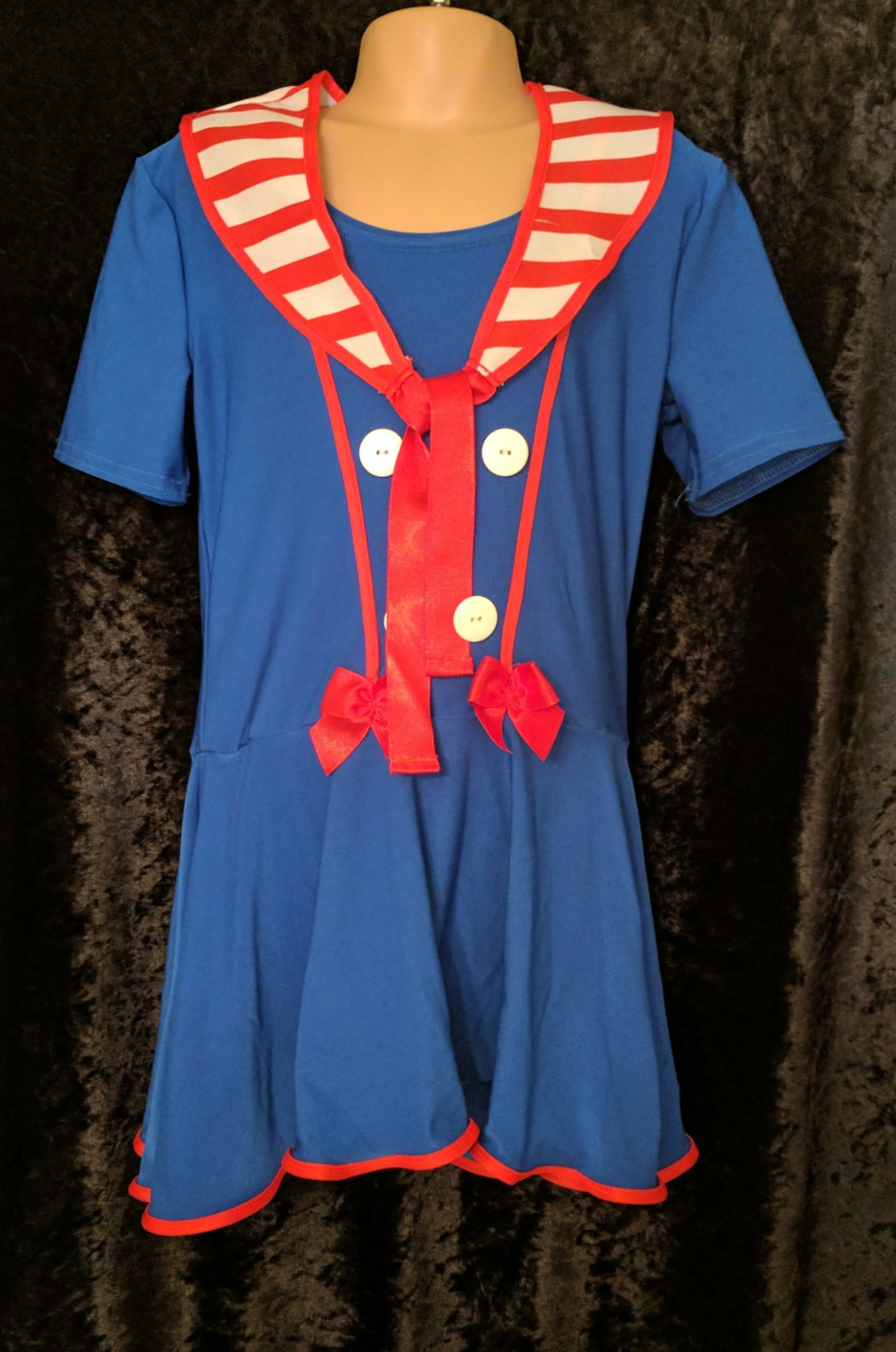 Sailor dress in blue with red detail and red and white attached collar  