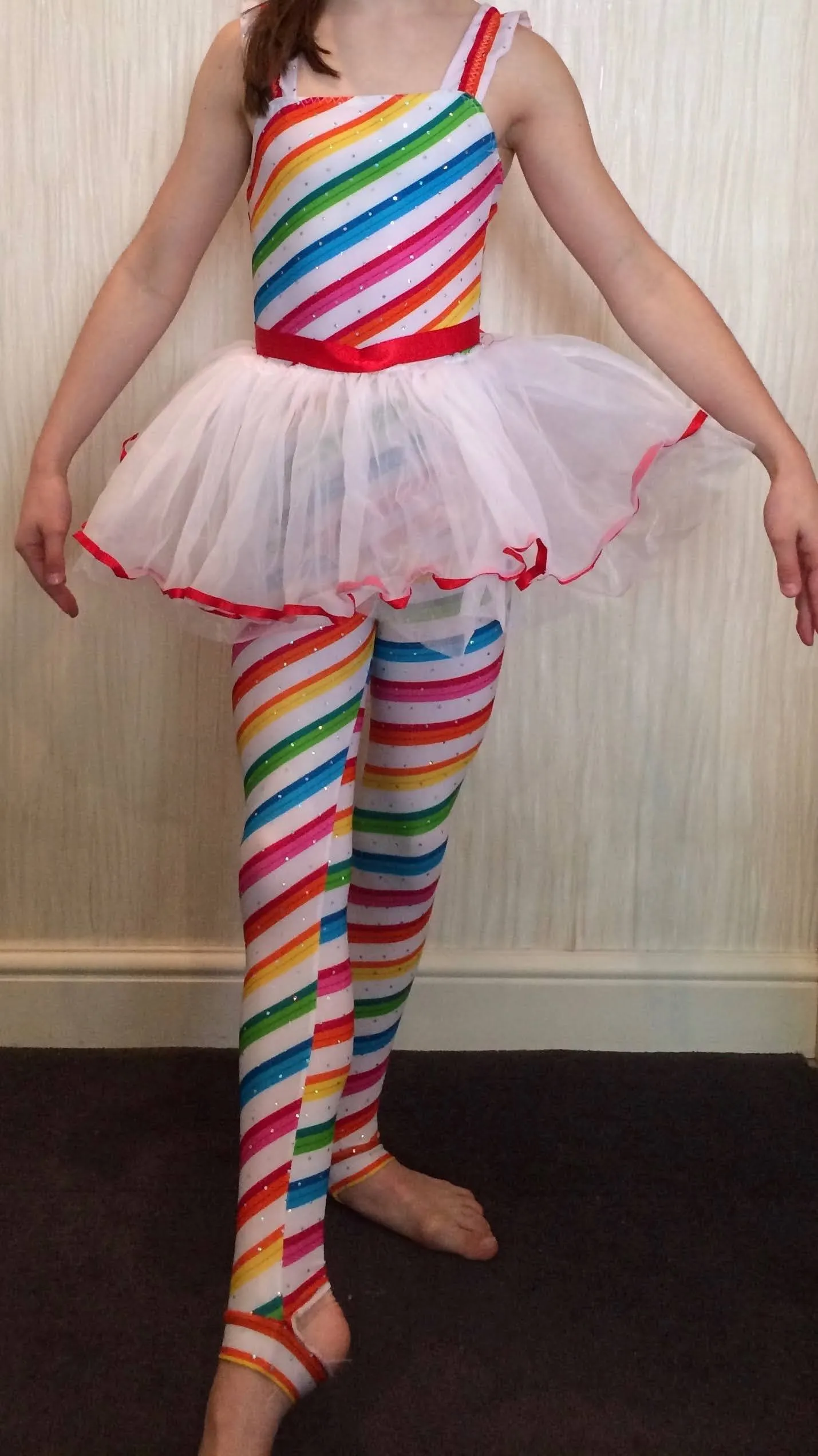 Candy cane leotard and matching leggings with a chiffon skirt and net underskirt