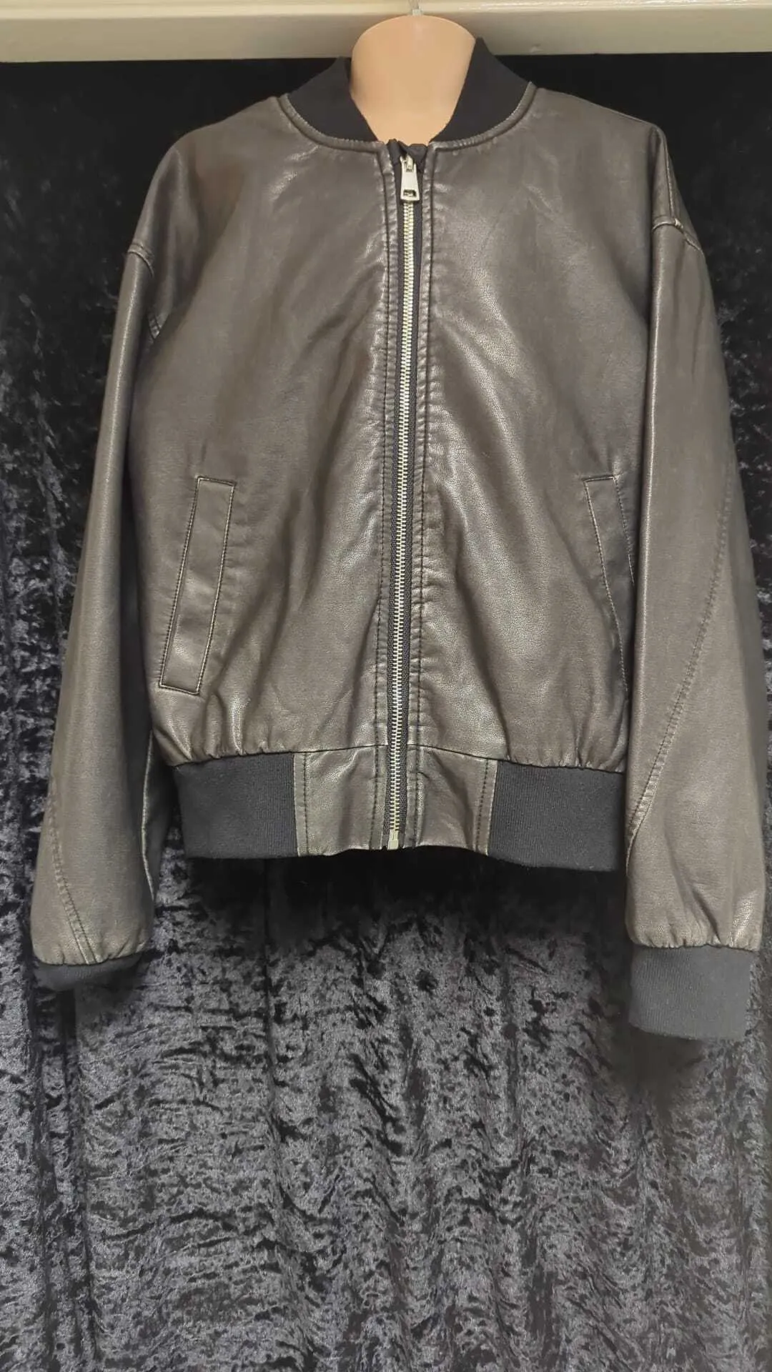 Black faux leather bomber style jacket