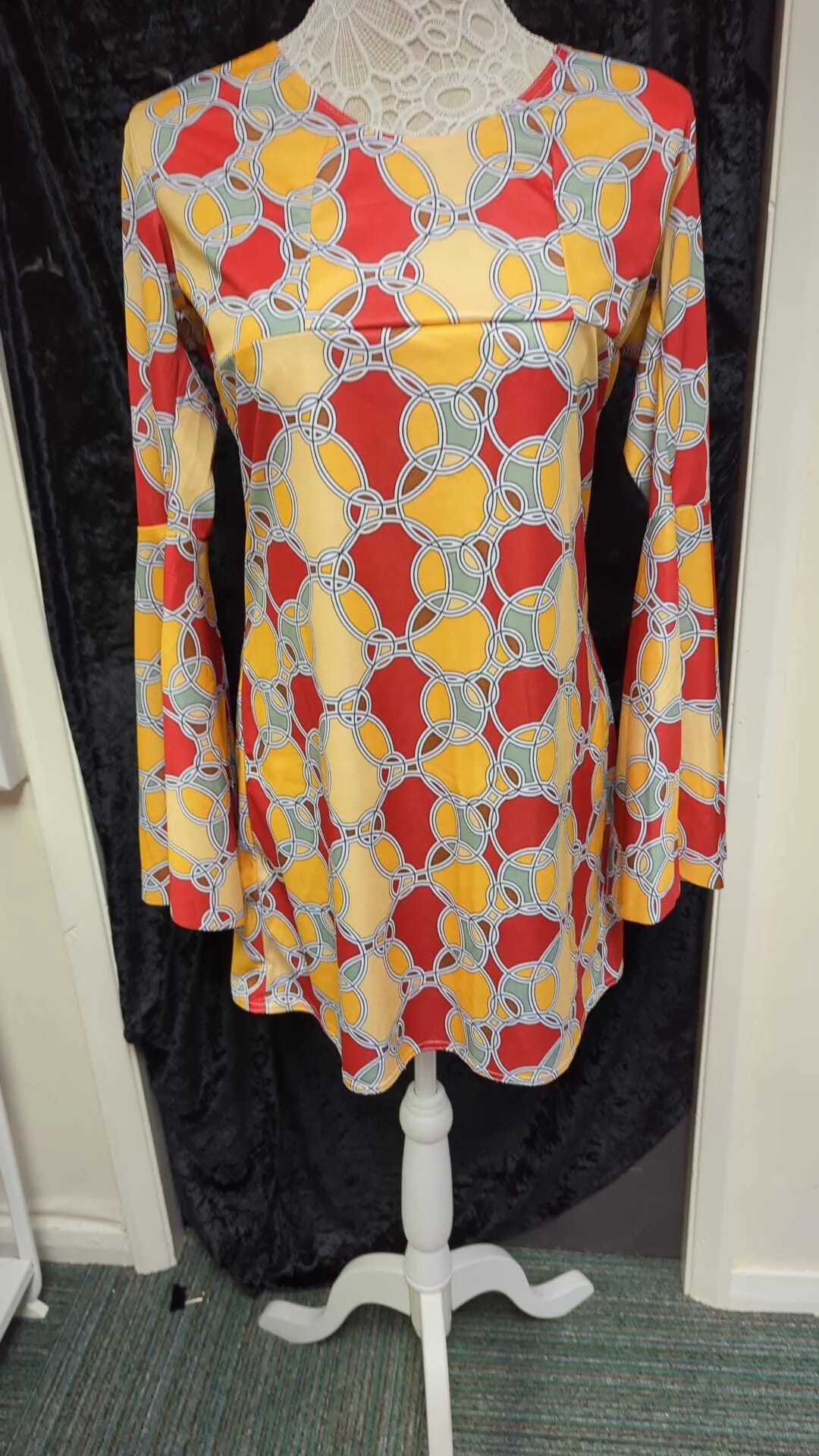 Red & Orange Long Sleeved Dress - 60s Style 