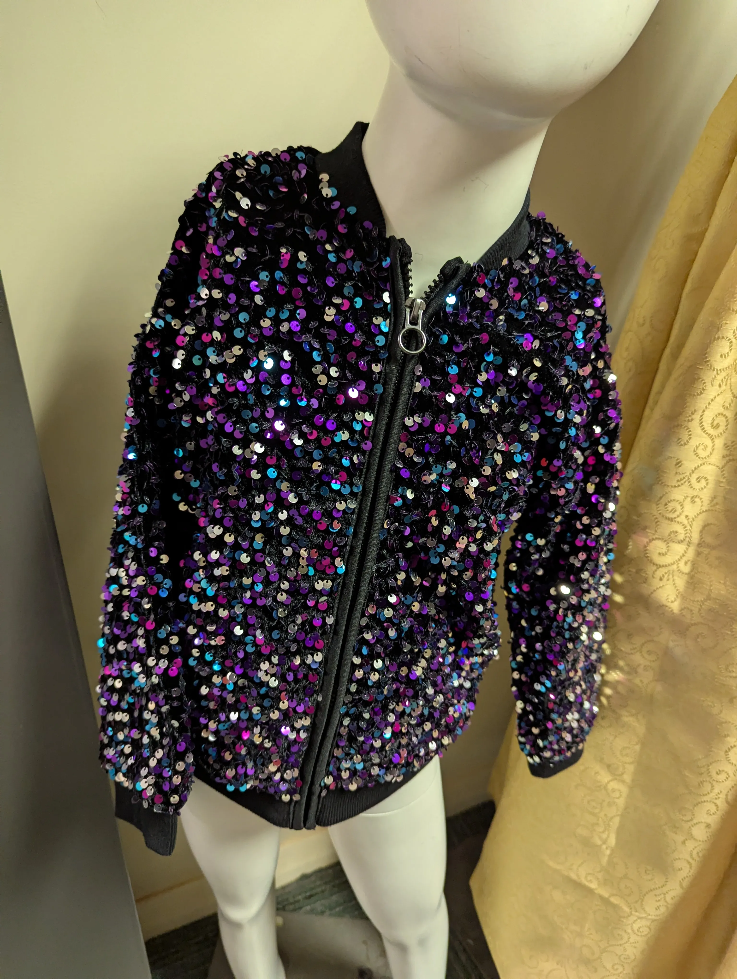 Multicoloured bomber style sequinned jacket