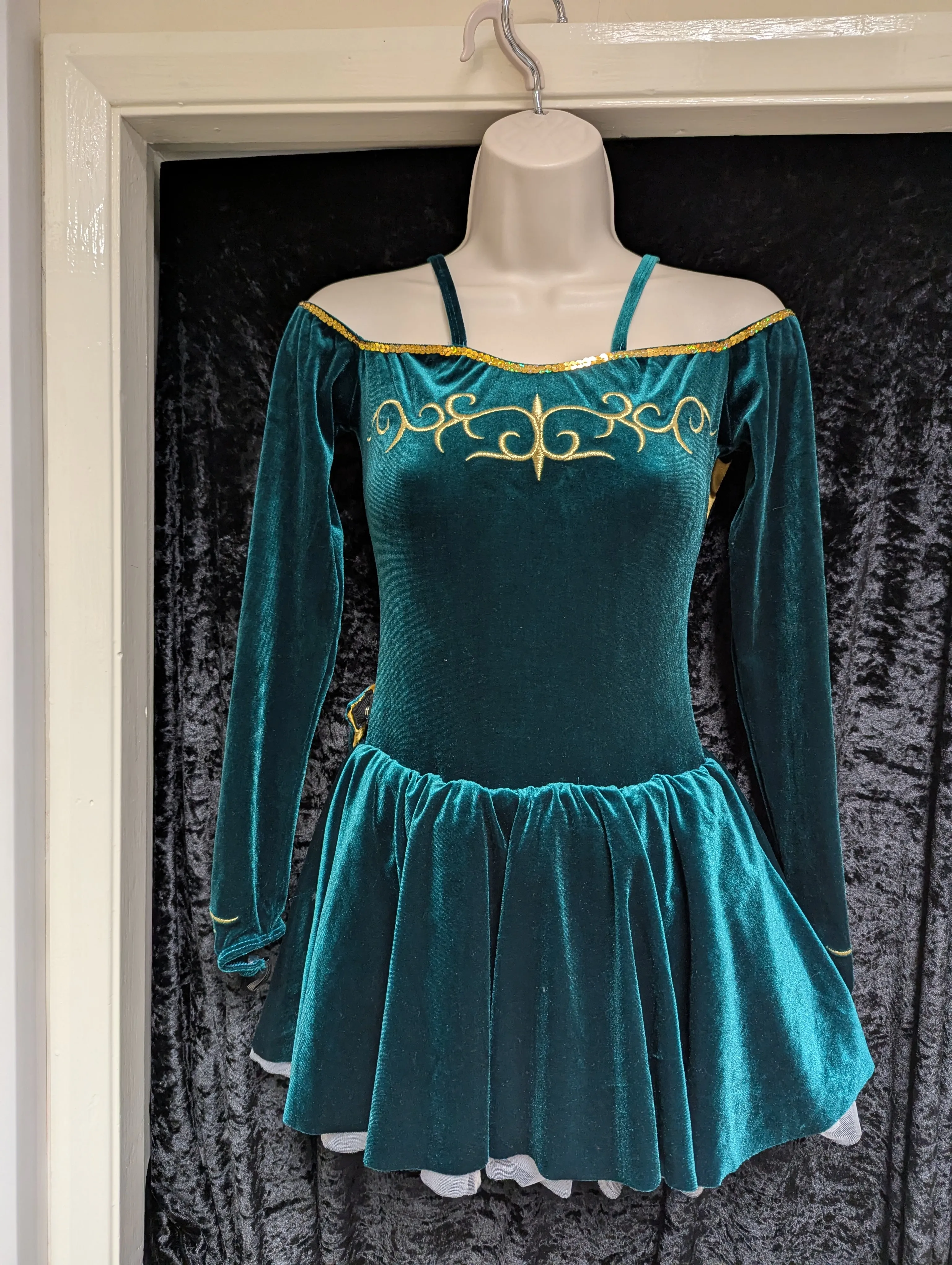 Irish velour embroidered dress with detachable cape