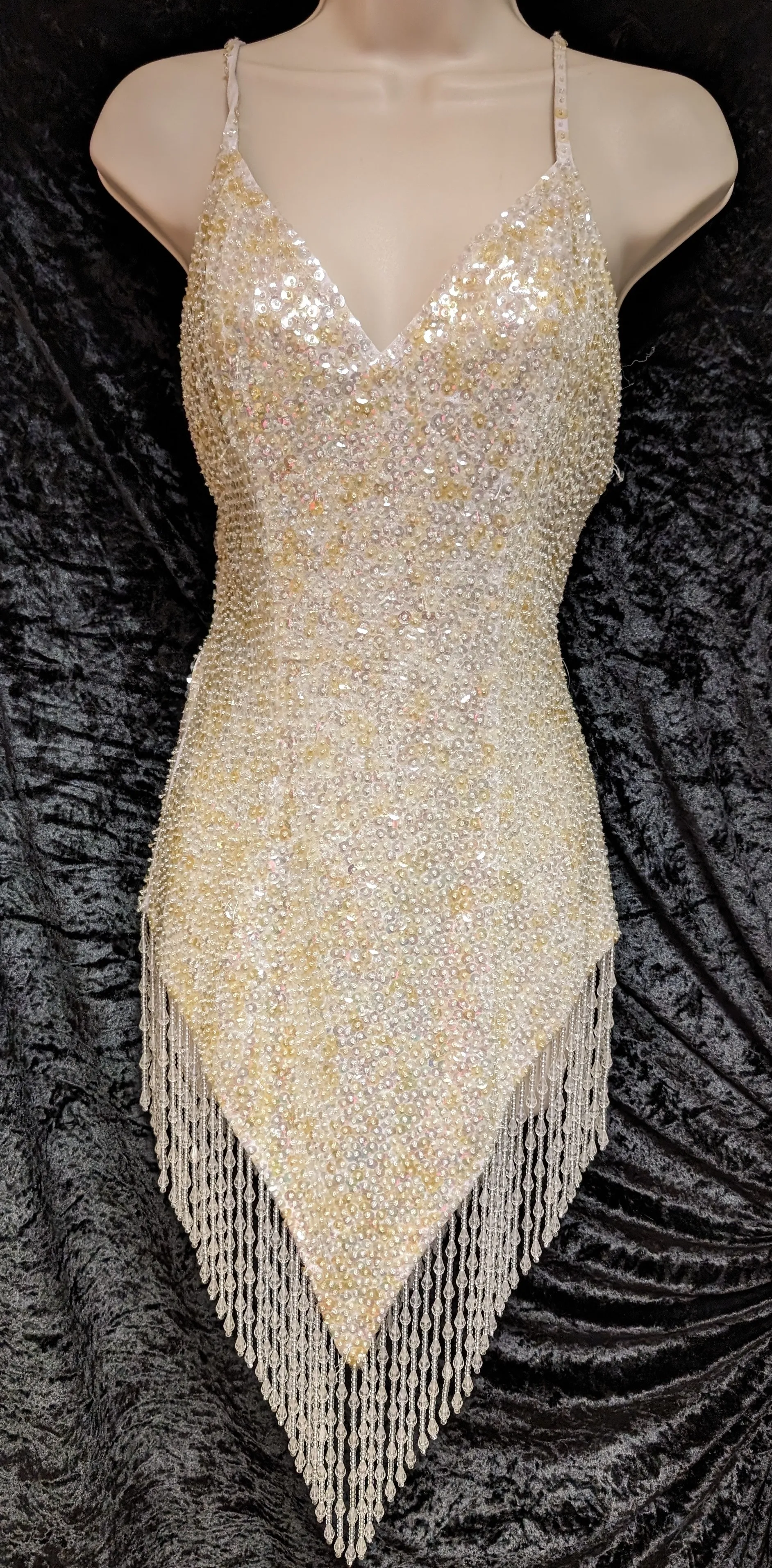 Cream V front dress with pearl style decoration