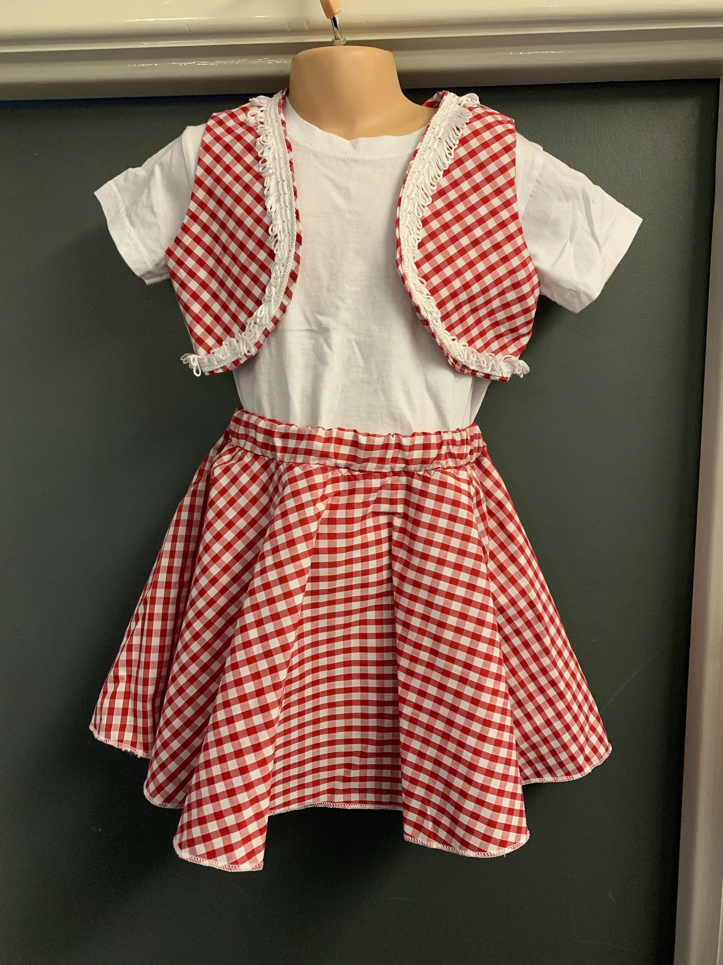 Red and white checked skirt and waistcoat with white trim