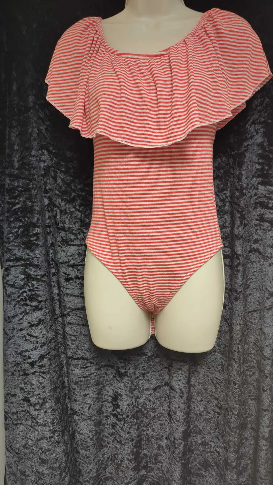 Red and white striped body suit with frill detail