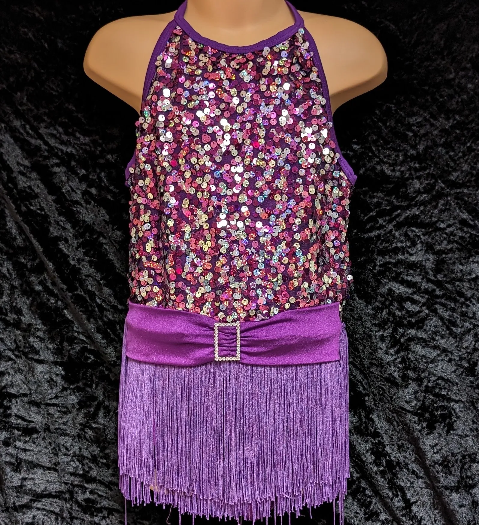 Purple sparkle dress with tassel skirt and attached belt