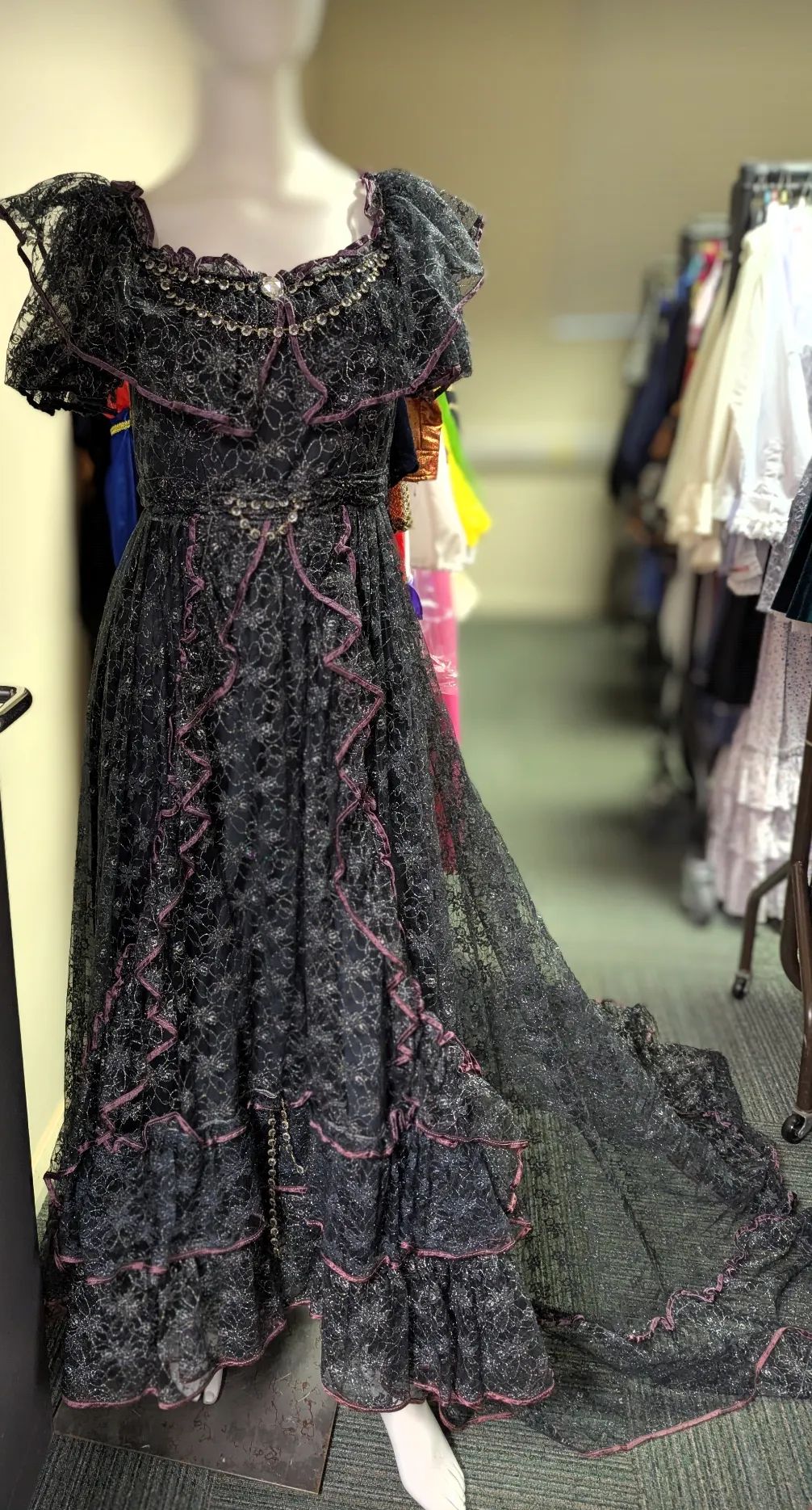 Victorian black & pink lace dress with long train