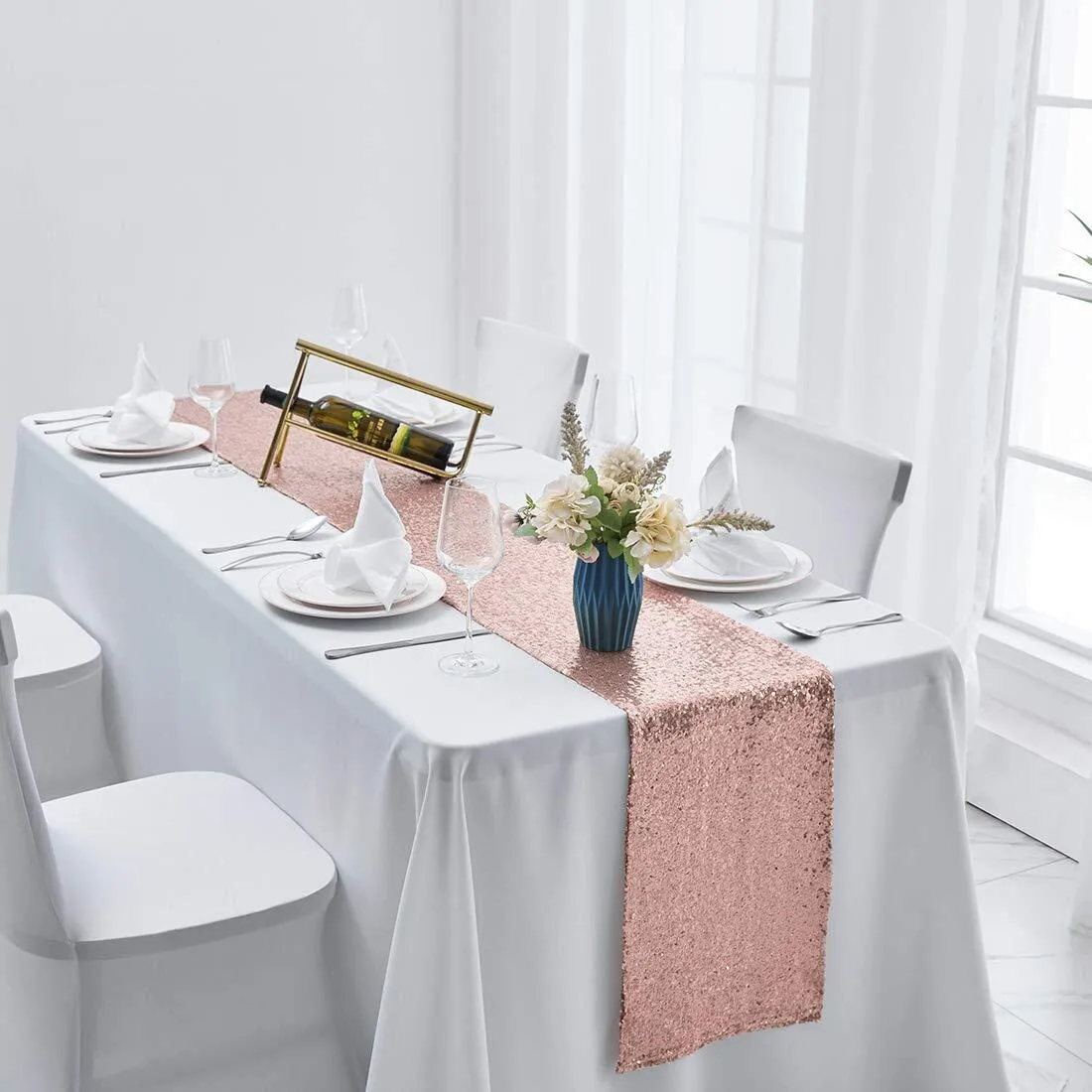 Rose Gold Sequin Satin Table Runner 12 x 108 Inch
