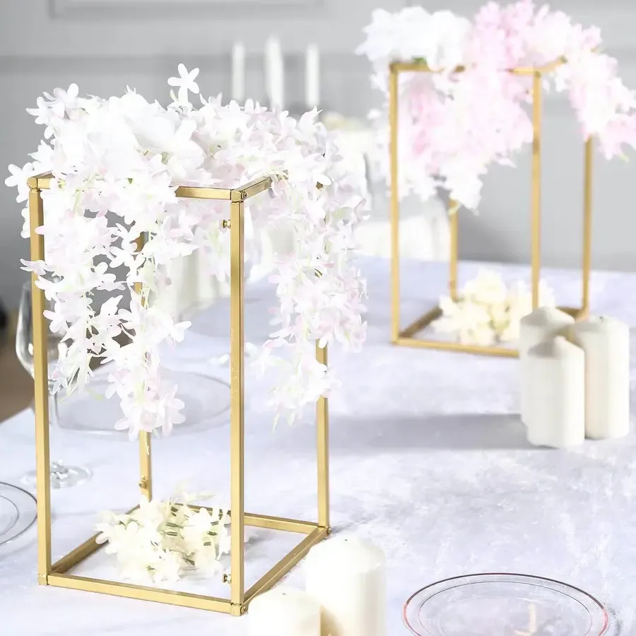 Rectangular Gold Metal Open Frame Floral Pedestal