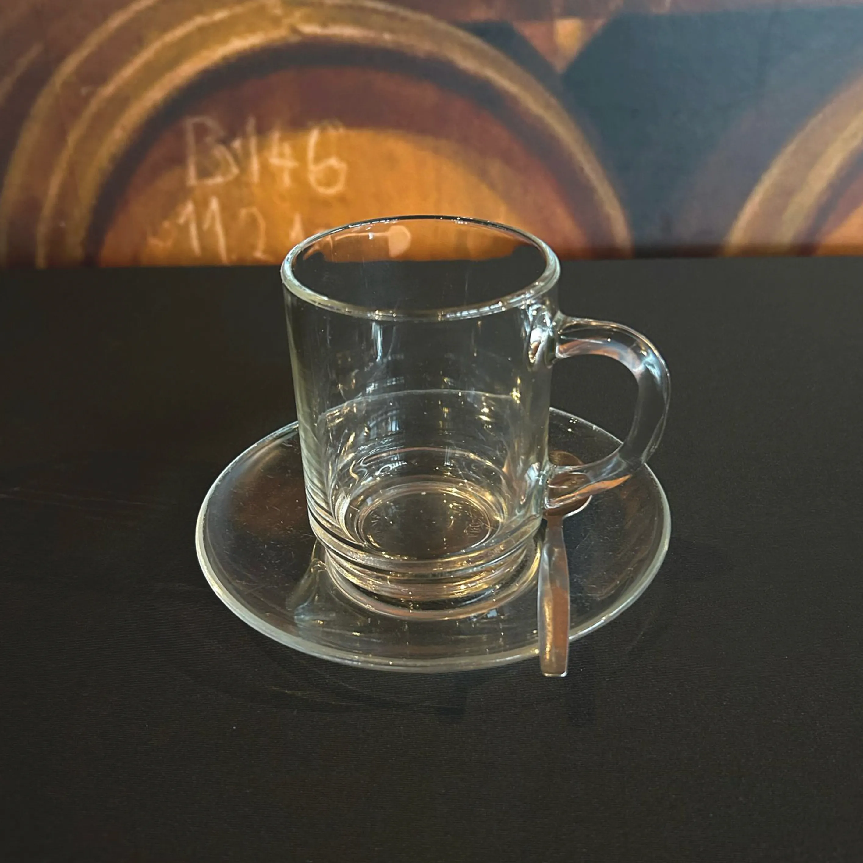 Theeglas, schotel & lepel