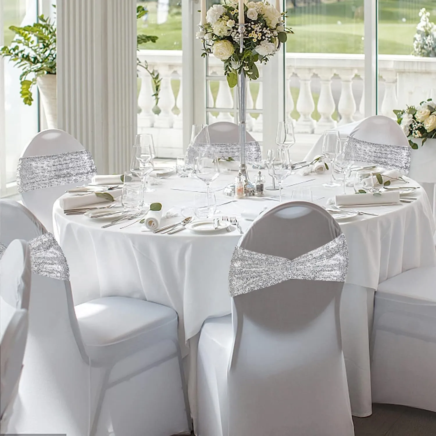 Silver Sequin Spandex Chair Band Sash 