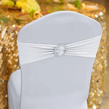 White Spandex Sash for Chair with Round Diamond Buckle