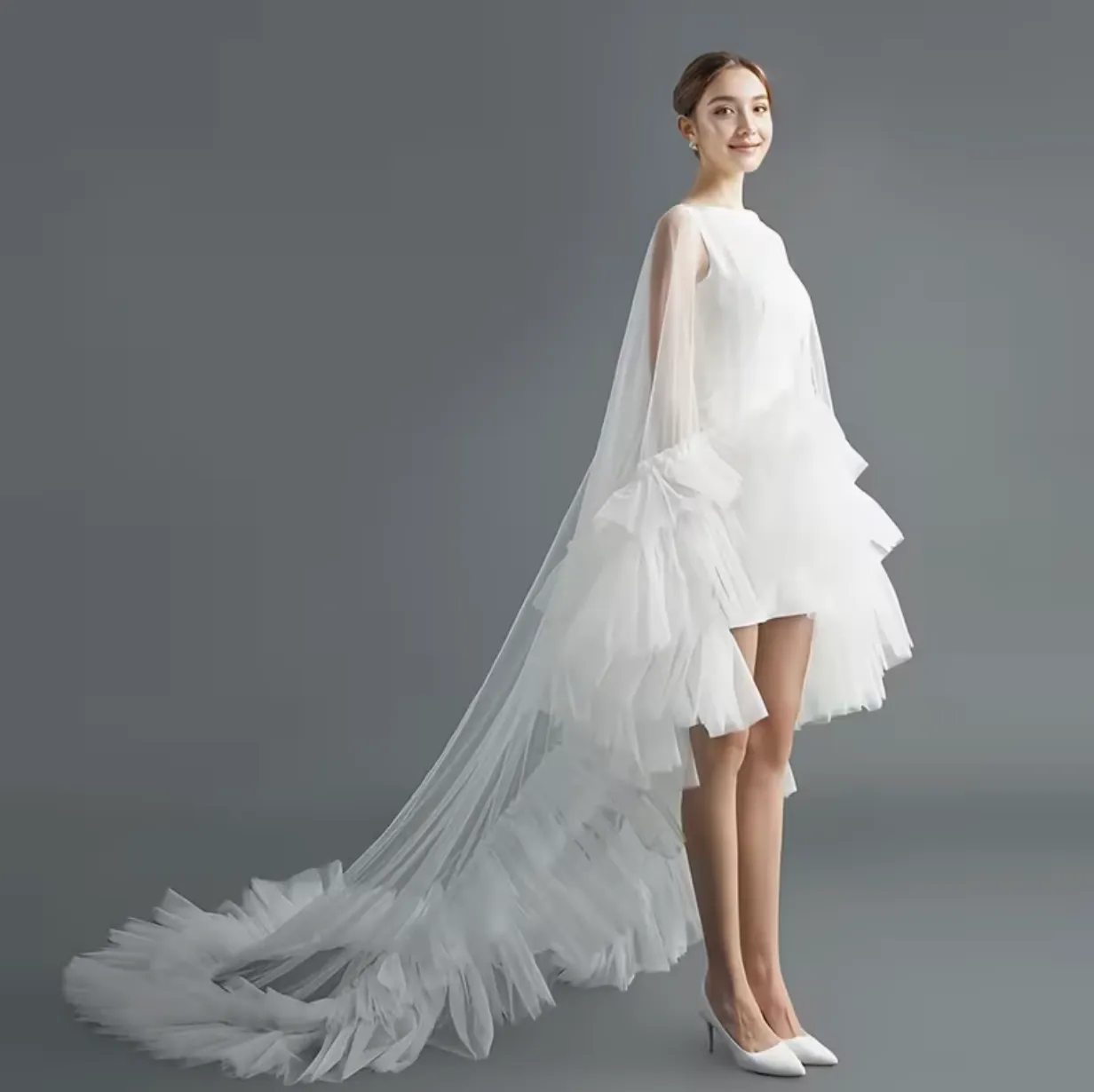 Bridal Cape with Ruffled Shoulders and train