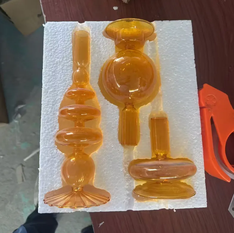 Set of 3 Orange Glass Candlestick Set