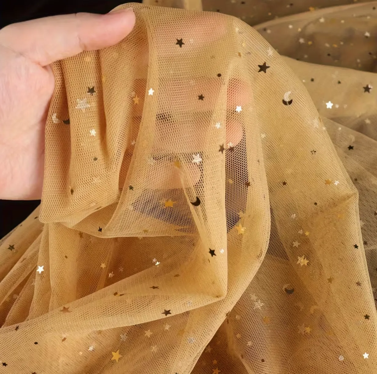 Gold Sheer Fabric with Blue Sequins