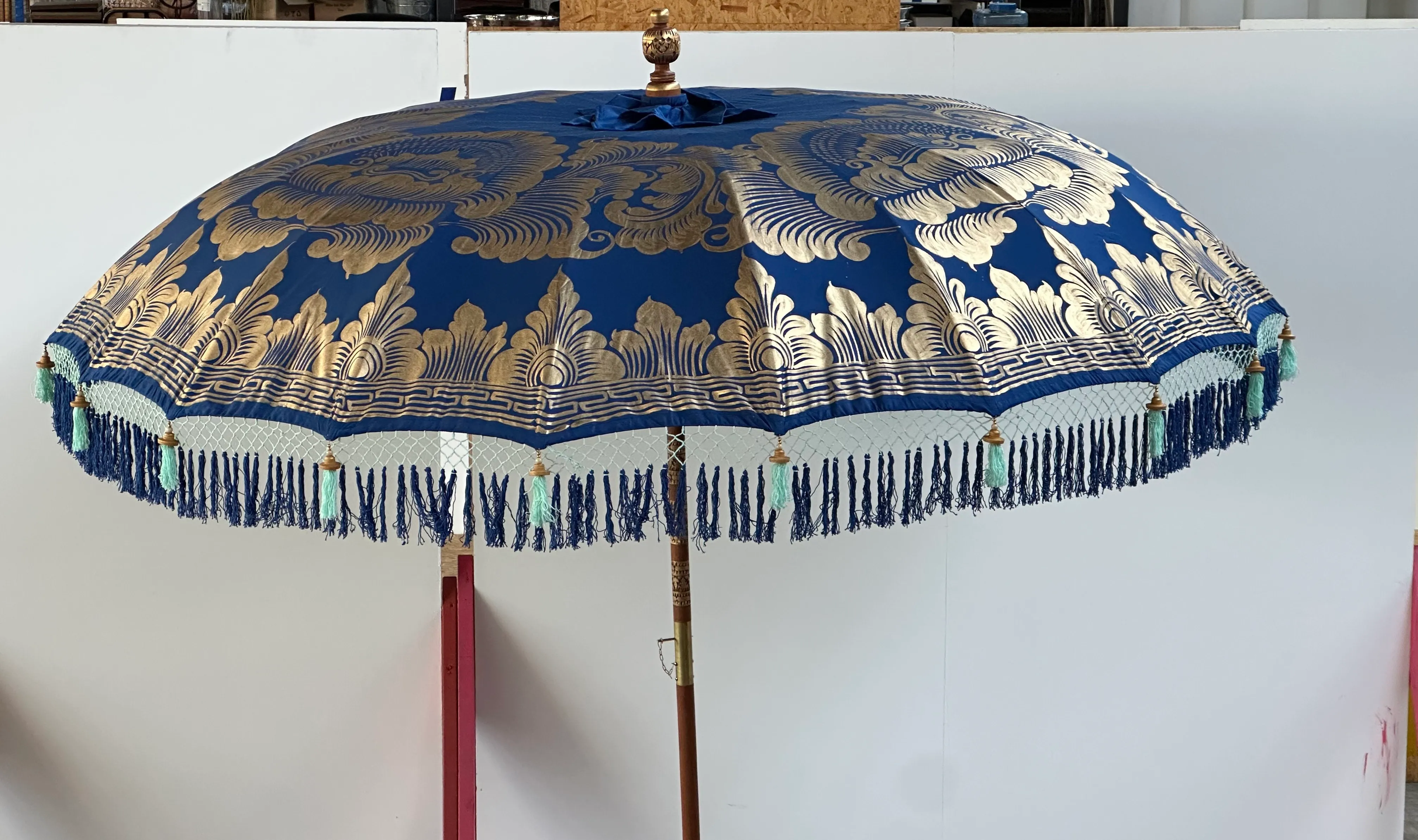 Hand-made Luxury Parasol with Blue Canopy and Gold Design
