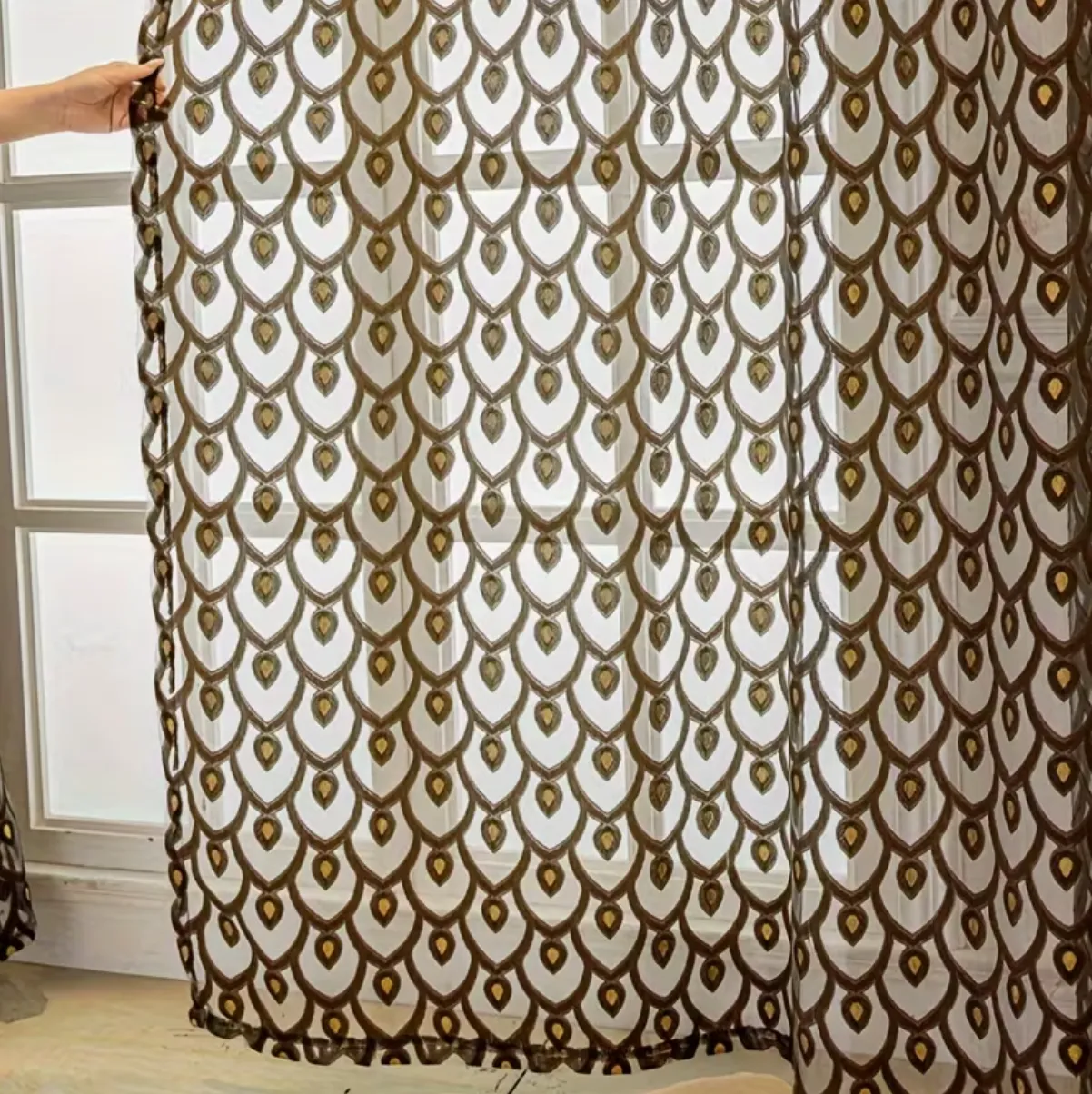 Vintage Leaf Pattern Sheer Curtains in Coffee & Cream